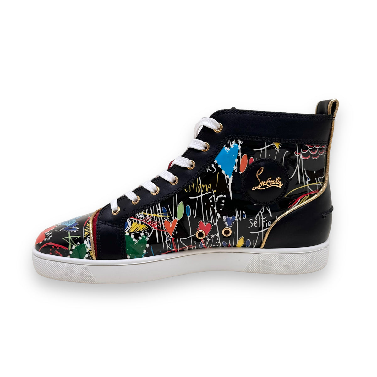 CHRISTIAN LOUBOUTIN PATENT LEATHER GRAFFITI HIGH TOP SNEAKER UK11