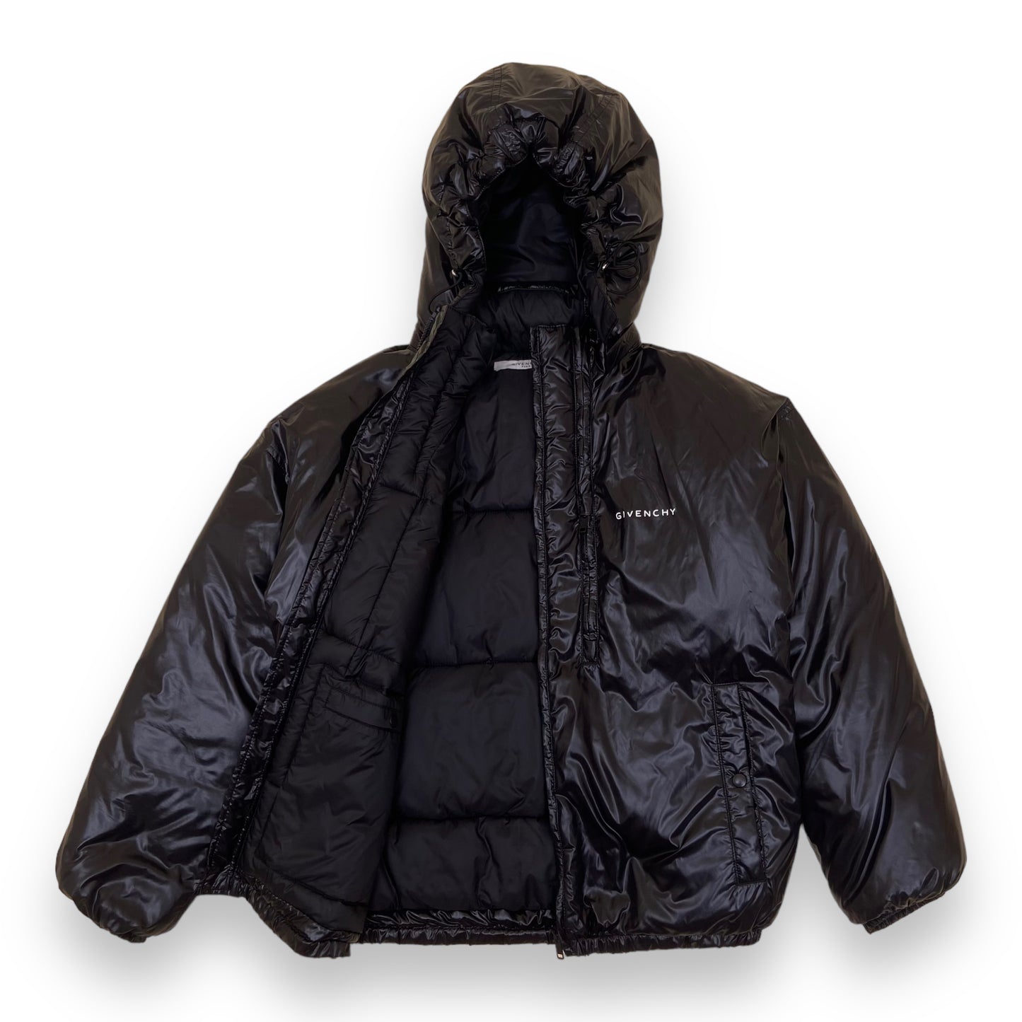 GIVENCHY HIGH SHINE HOODED PUFFER JACKET BLACK UK8