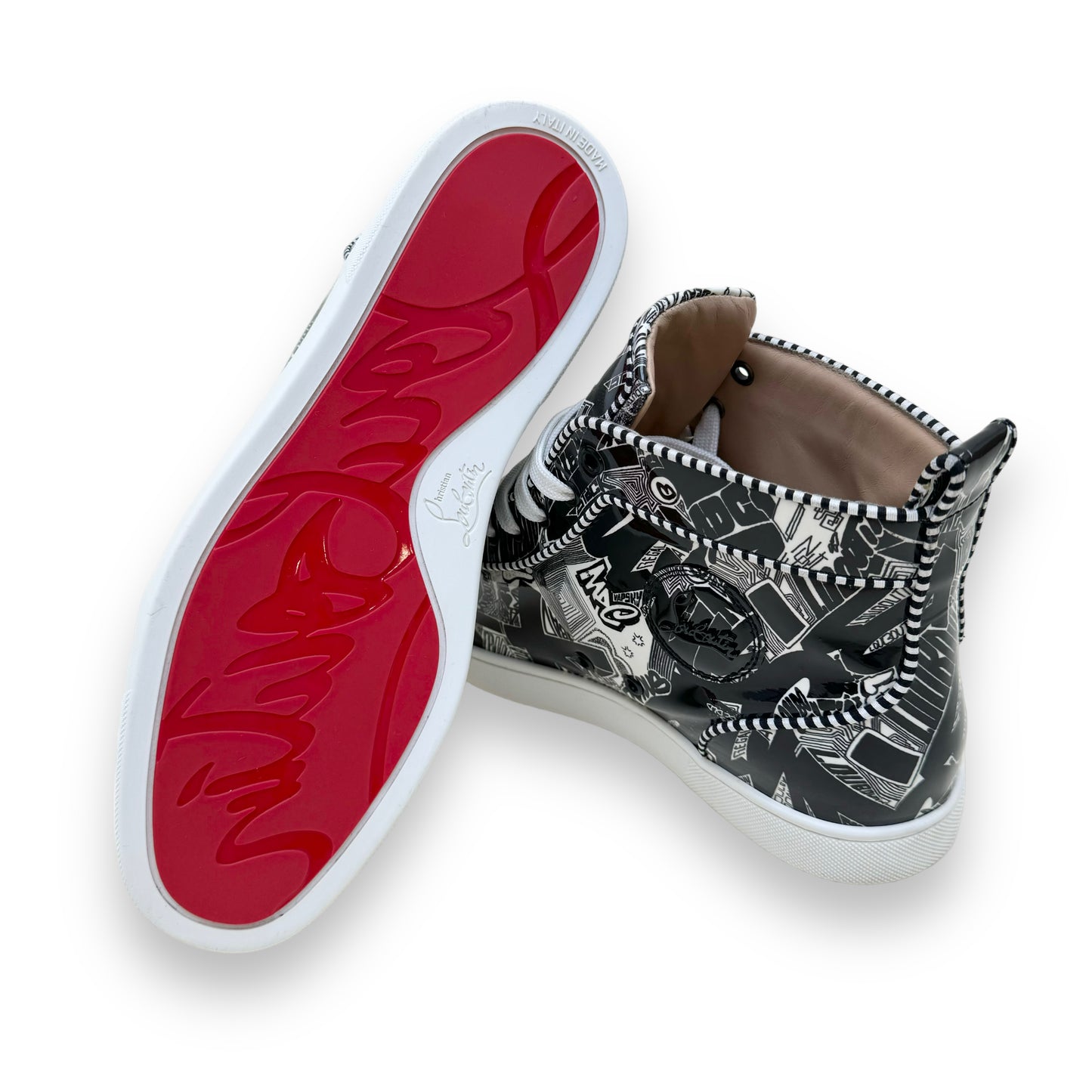 CHRISTIAN LOUBOUTIN PATENT LEATHER COMIC FONT HIGH-TOP SNEAKERS UK9