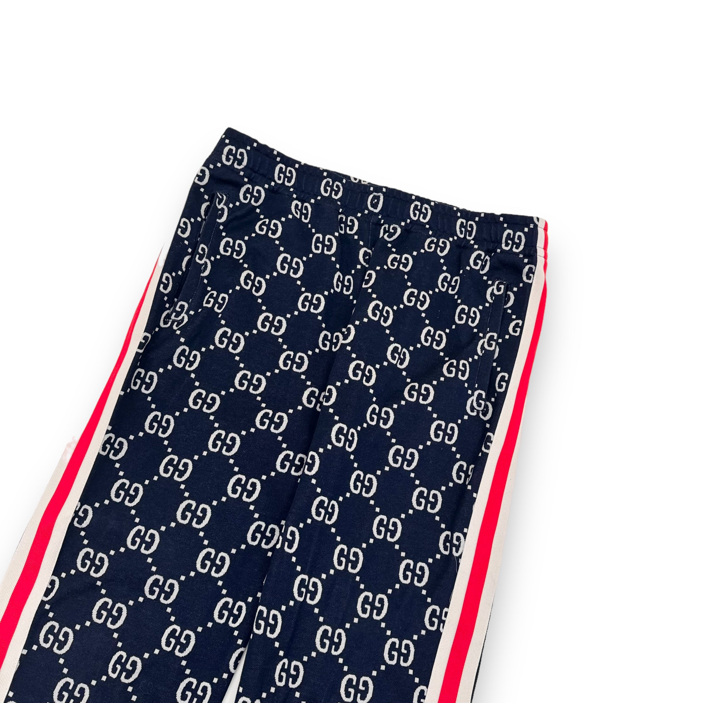 GUCCI GG TAPERED STRIPED LOGO-INTARSIA COTTON TRACK PANTS NAVY L