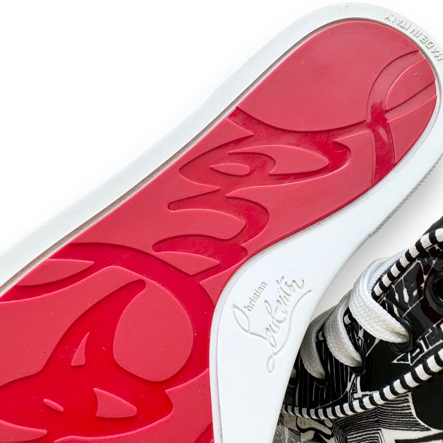 CHRISTIAN LOUBOUTIN PATENT LEATHER COMIC FONT HIGH-TOP SNEAKERS UK9