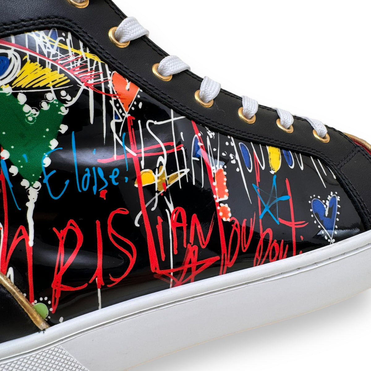 CHRISTIAN LOUBOUTIN PATENT LEATHER GRAFFITI HIGH TOP SNEAKER UK11