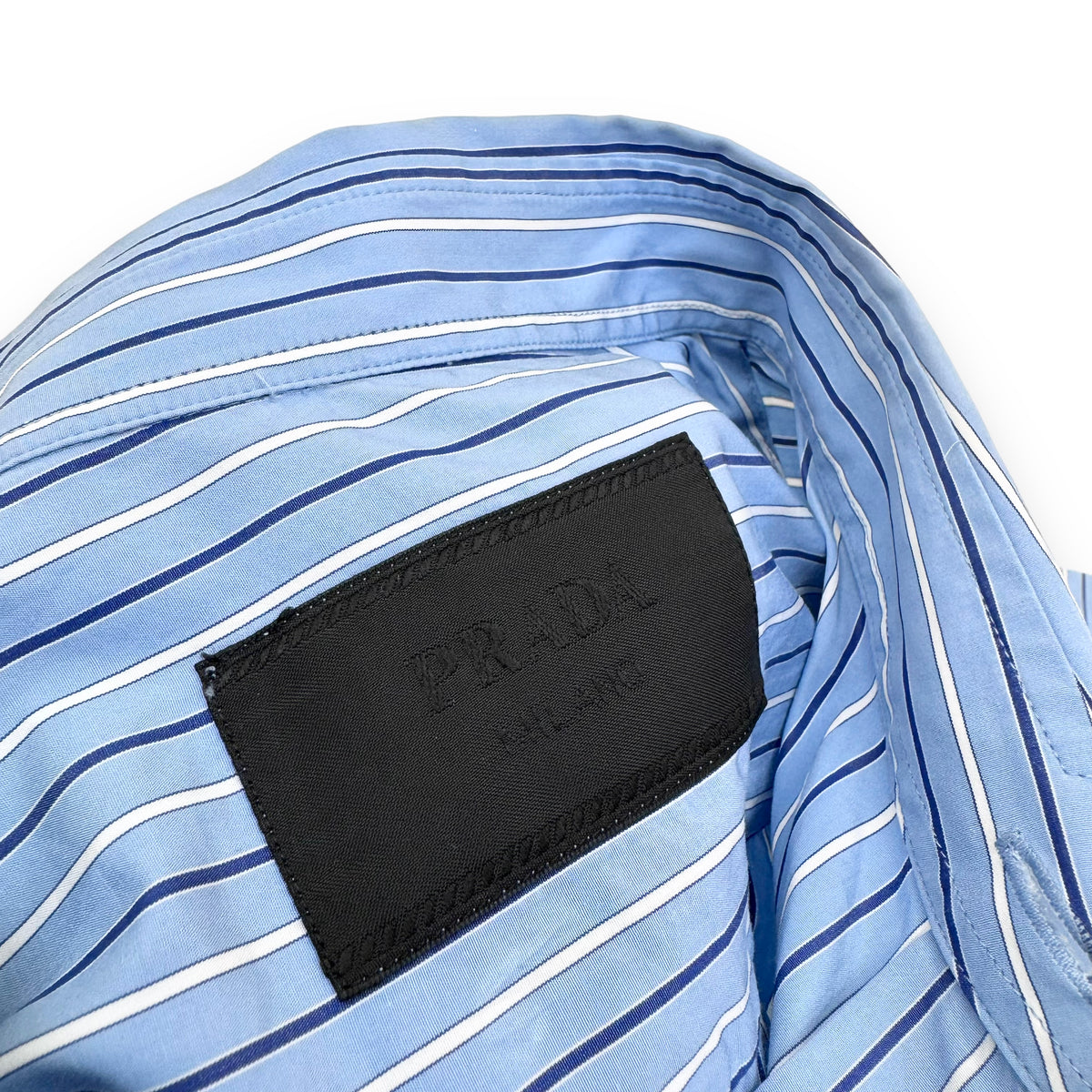 PRADA STRIPED LOGO PATCH COTTON SHORT SLEEVE SHIRT BLUE M