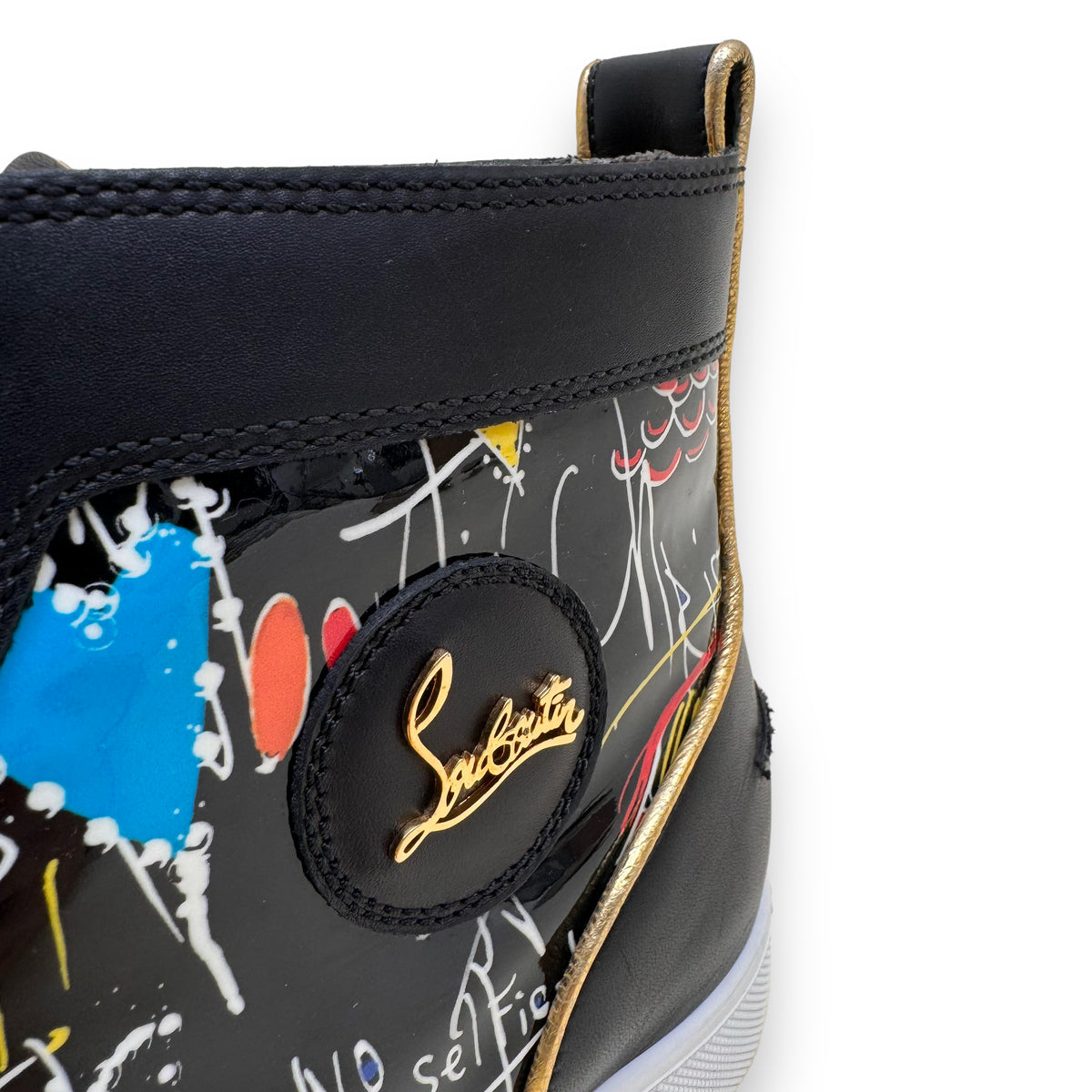 CHRISTIAN LOUBOUTIN PATENT LEATHER GRAFFITI HIGH TOP SNEAKER UK11