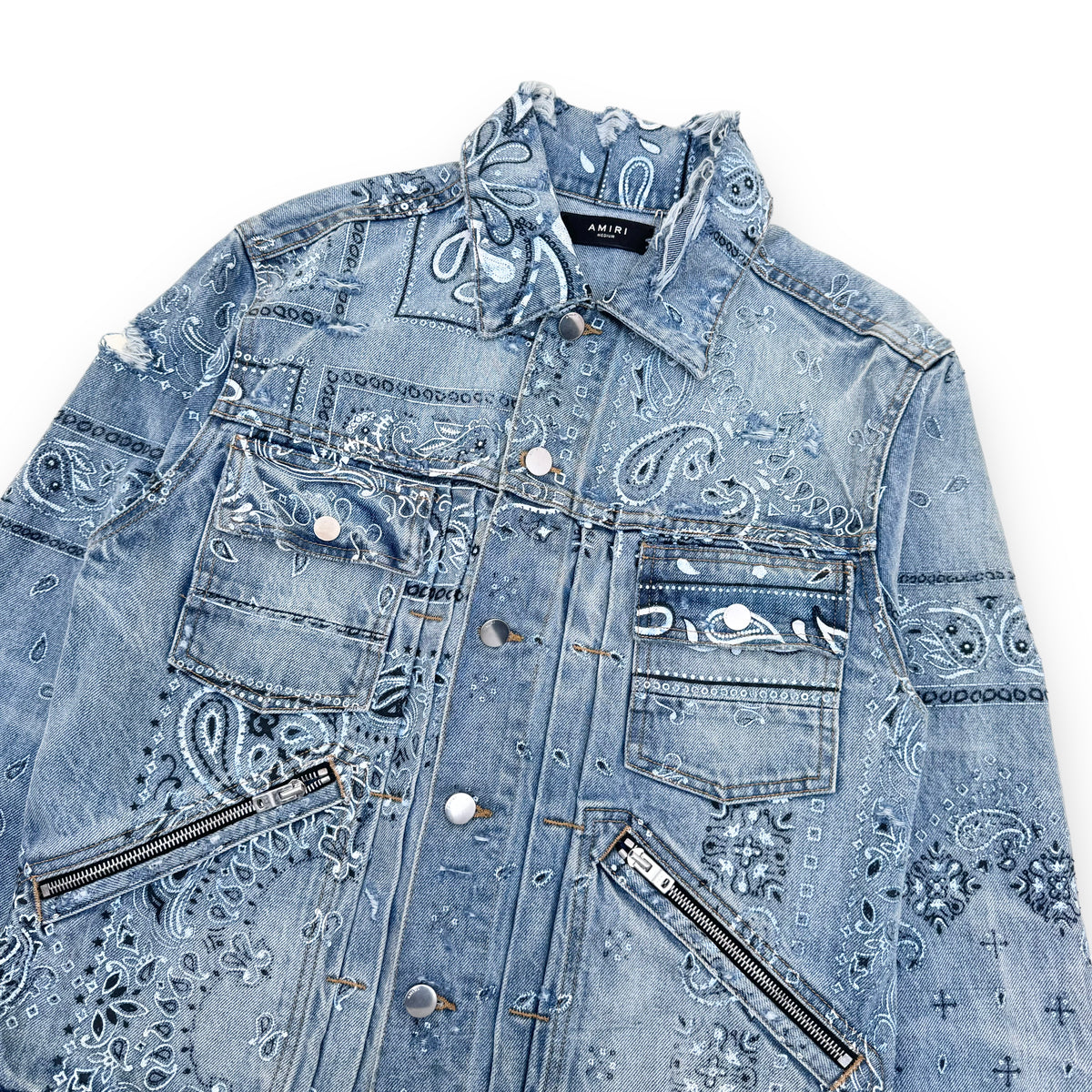AMIRI SLIM-FIT DISTRESSED BANDANA-PRINT DENIM JACKET BLUE M