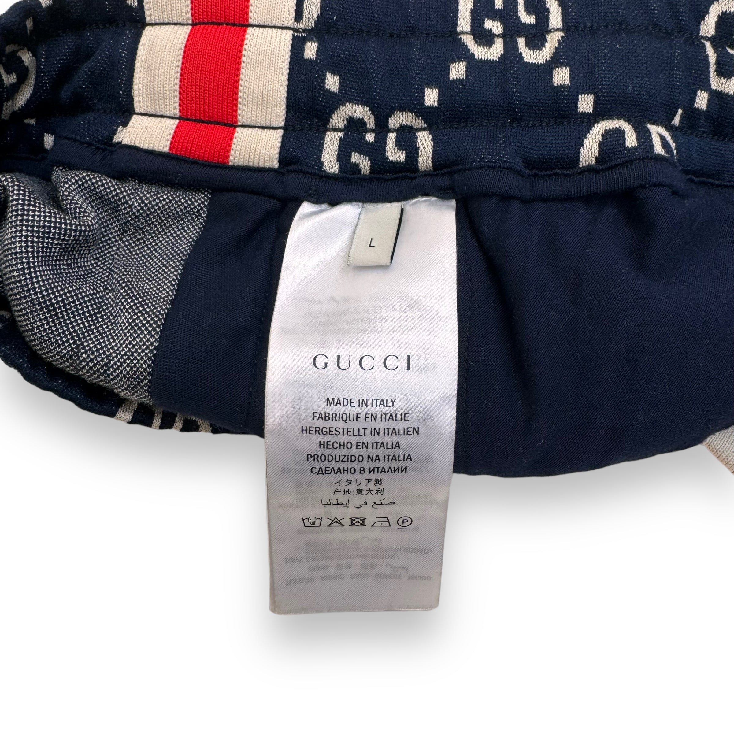 GUCCI GG TAPERED STRIPED LOGO-INTARSIA COTTON TRACK PANTS NAVY L