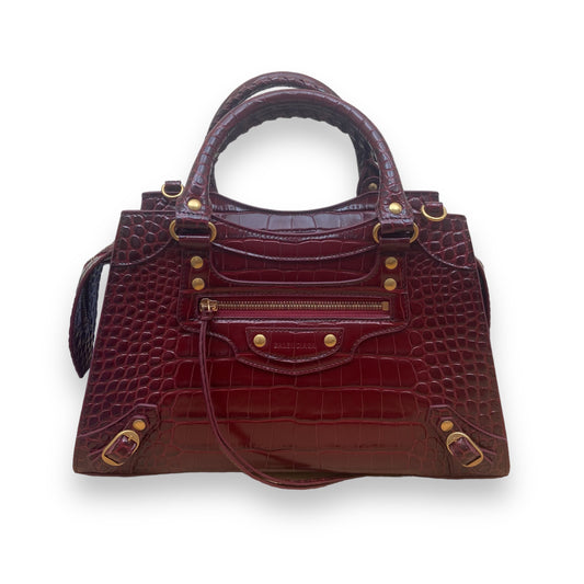 BALENCIAGA CLASSIC CITY CROC EMBOSSED LEATHER BAG BURGUNDY LARGE