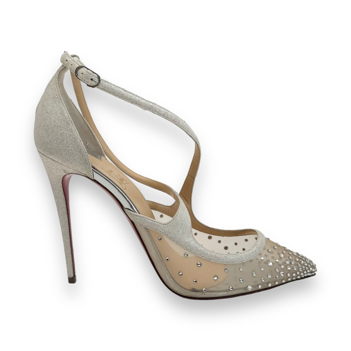 CHRISTIAN LOUBOUTIN TWISTISSIMA STRASS LEATHER / MESH PUMPS SILVER UK8.5