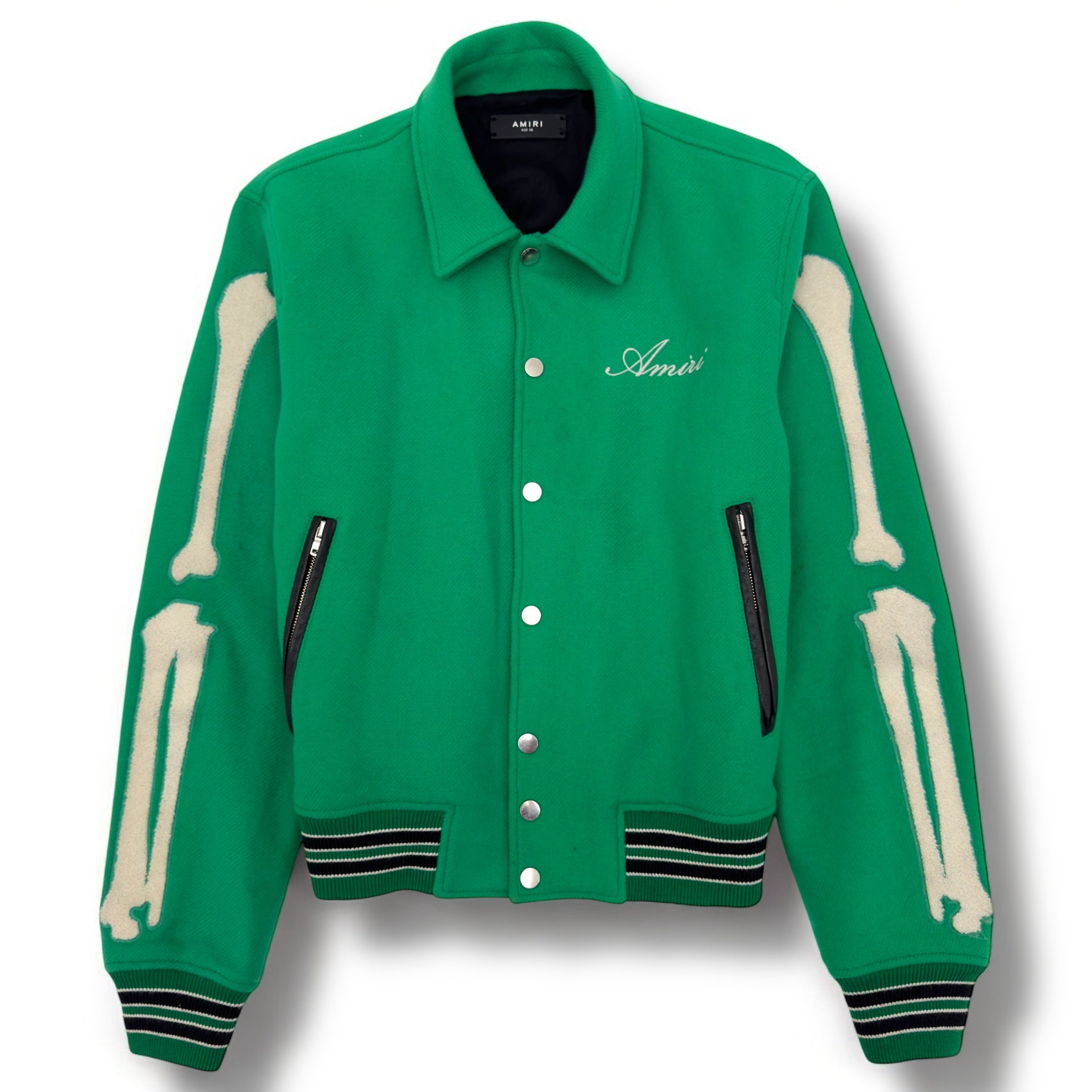 AMIRI LOGO-EMBOIDERED APPLIQUÉD BONE WOOL JACKET GREEN / WHITE 50 / L