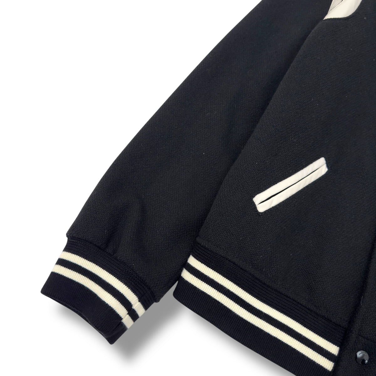 SAINT LAURENT TEDDY LEATHER-TRIMMED WOOL-BLEND BOMBER JACKET BLACK / WHITE 54 / XXL