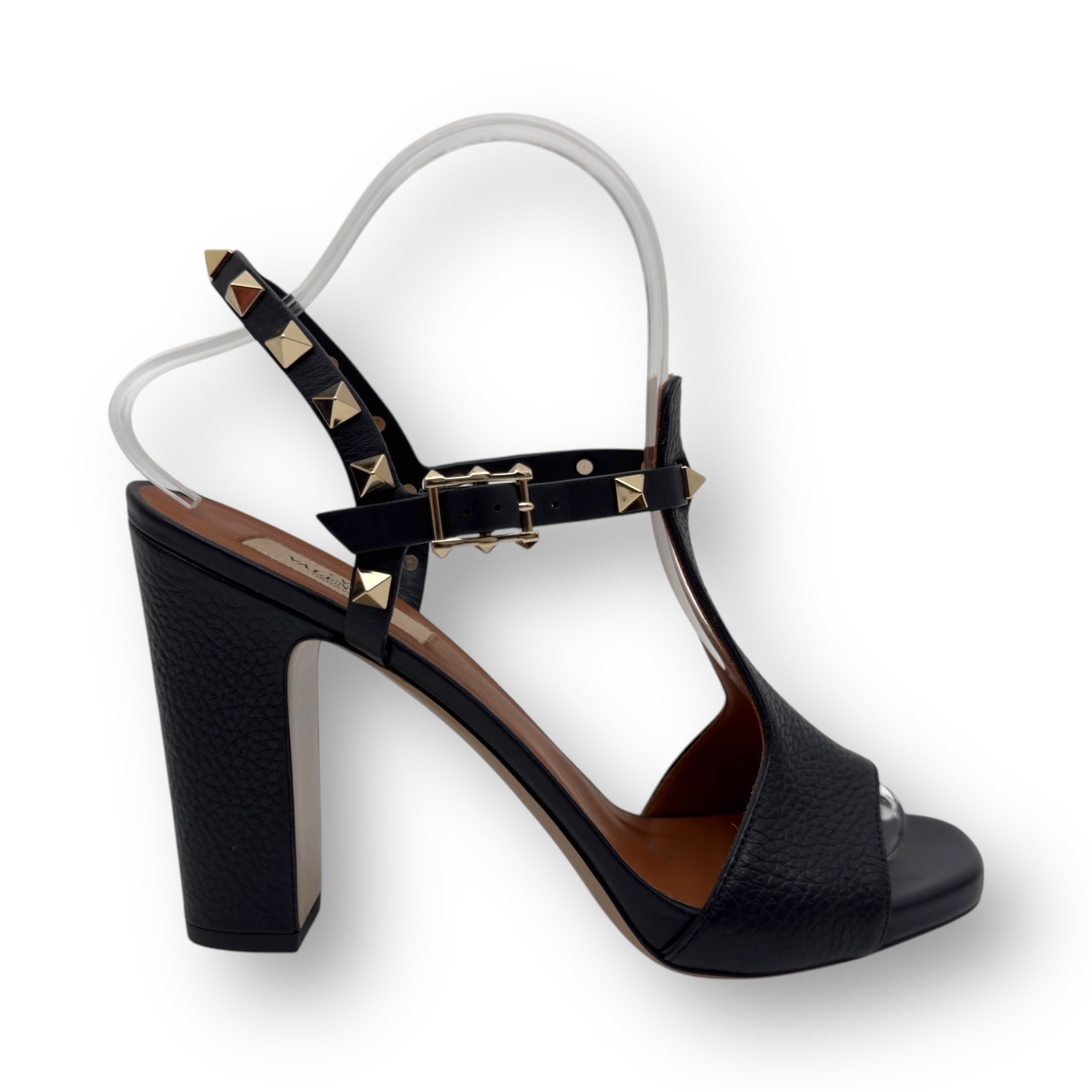 VALENTINO ROCKSTUD ANKLE STRAP LEATHER HEELS 100 BLACK / GOLD EU38 / UK5