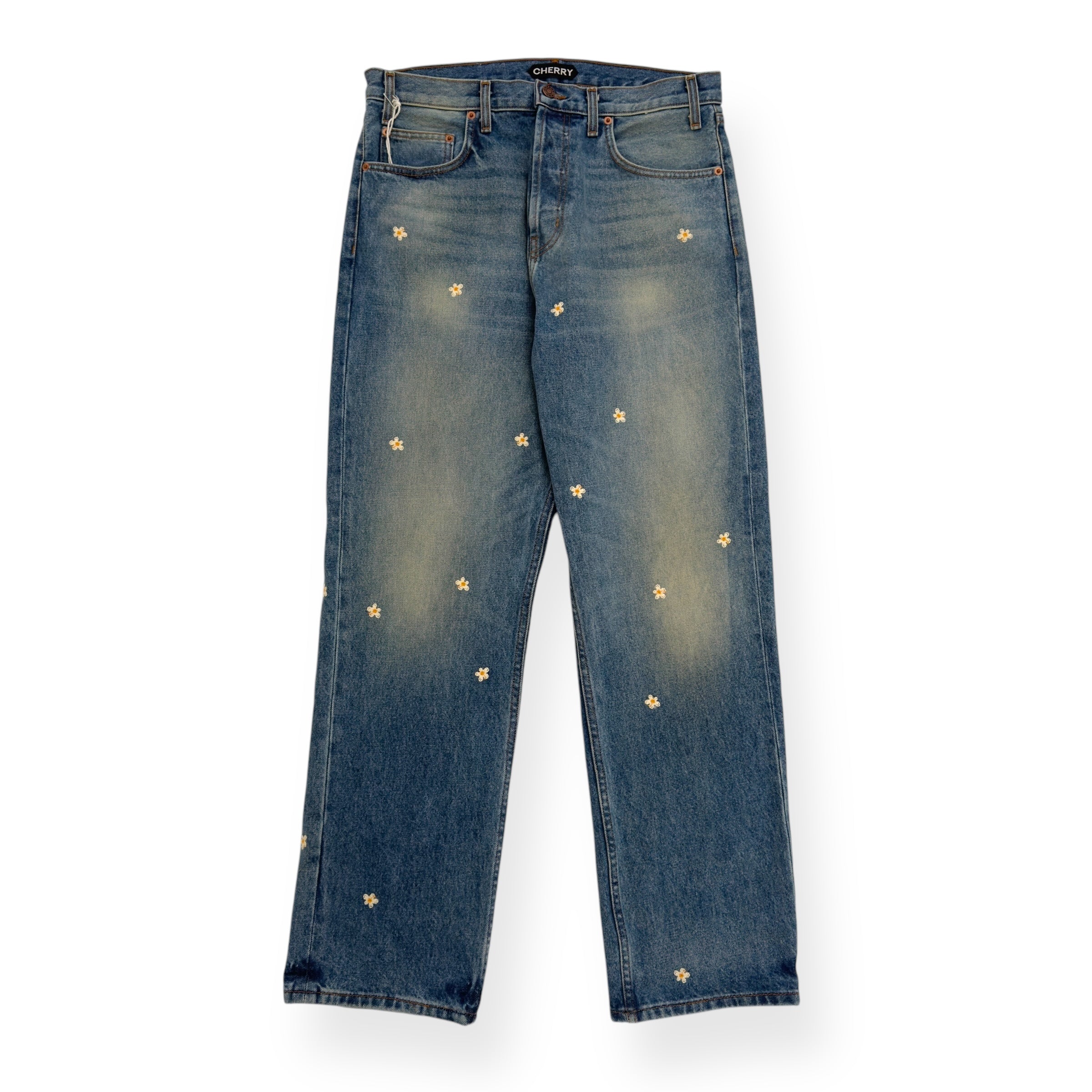 CHERRY LA BLOSSOM STRAIGHT-LEG EMBROIDERED JEANS BLUE W32”
