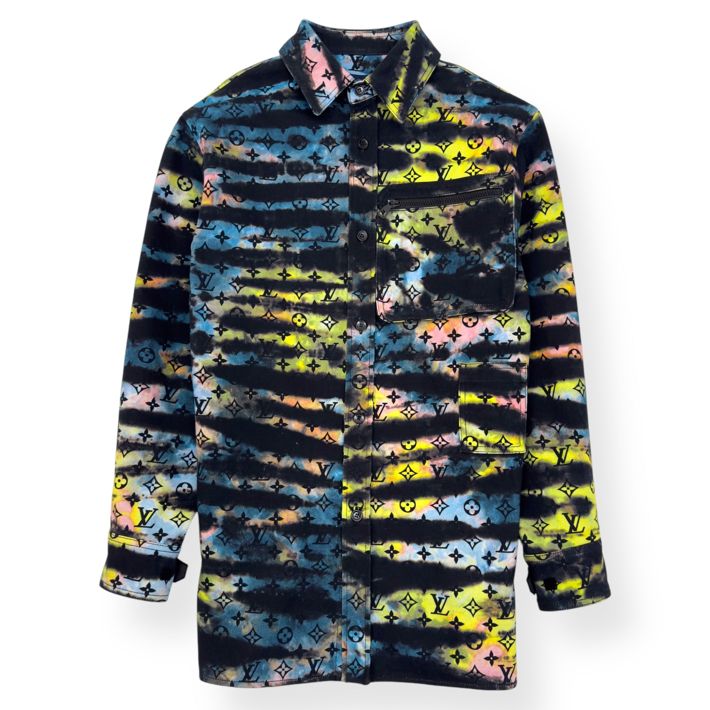 LOUIS VUITTON OVERSIZED UPCYCLED MONOGRAM TIE-DYE DENIM SHIRT MULTICOLOURED XS