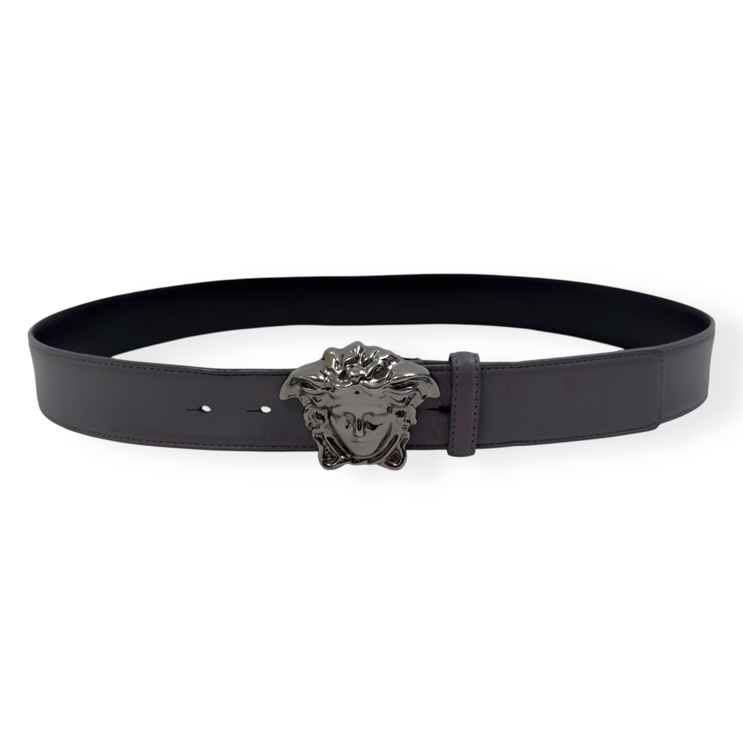 VERSACE MEDUSA HEAD LEATHER BELT GREY / BLACK W34"