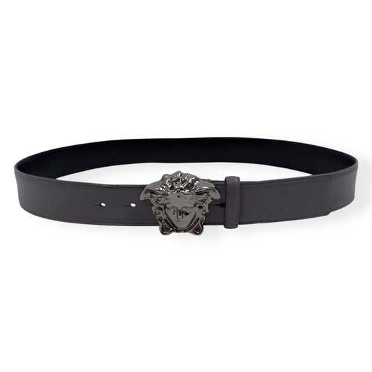 VERSACE MEDUSA HEAD LEATHER BELT GREY / BLACK W34"