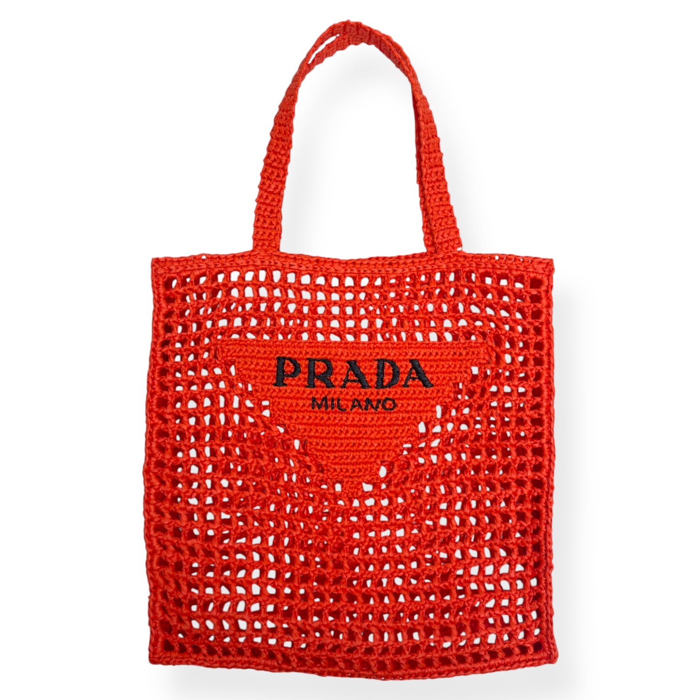 PRADA TRIANGLE-LOGO CROCHET RAFFIA TOTE BAG ORANGE / BLACK
