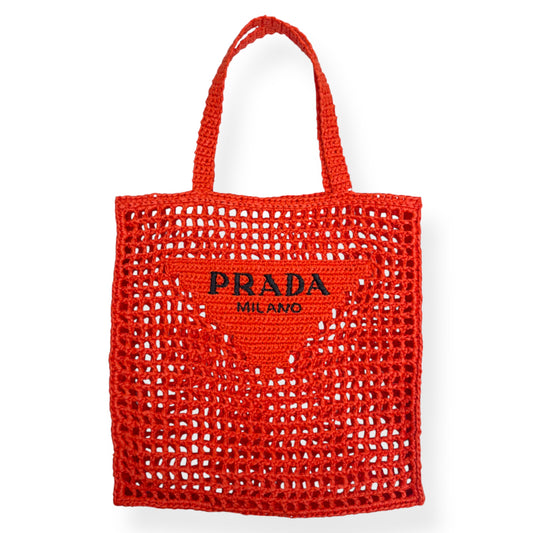 PRADA TRIANGLE-LOGO CROCHET RAFFIA TOTE BAG ORANGE / BLACK