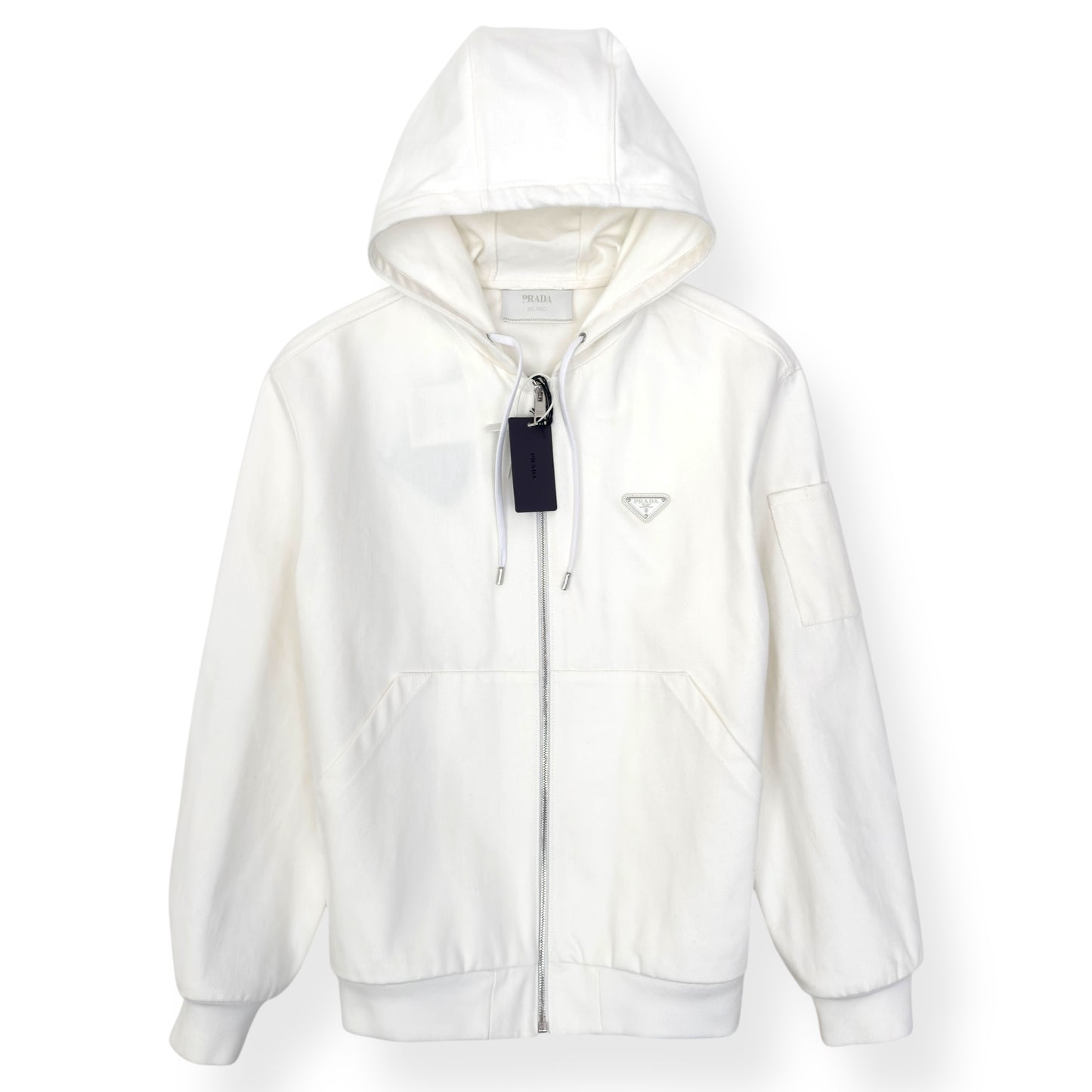 PRADA TRIANGLE LOGO ZIP-UP DENIM HOODIE WHITE M