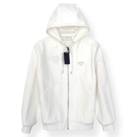 PRADA TRIANGLE LOGO ZIP-UP DENIM HOODIE WHITE M