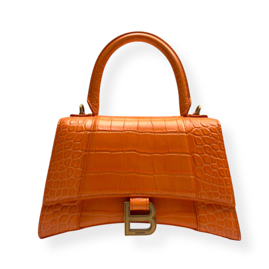 BALENCIAGA HOURGLASS CROCODILE PRINT LEATHER BAG ORANGE S