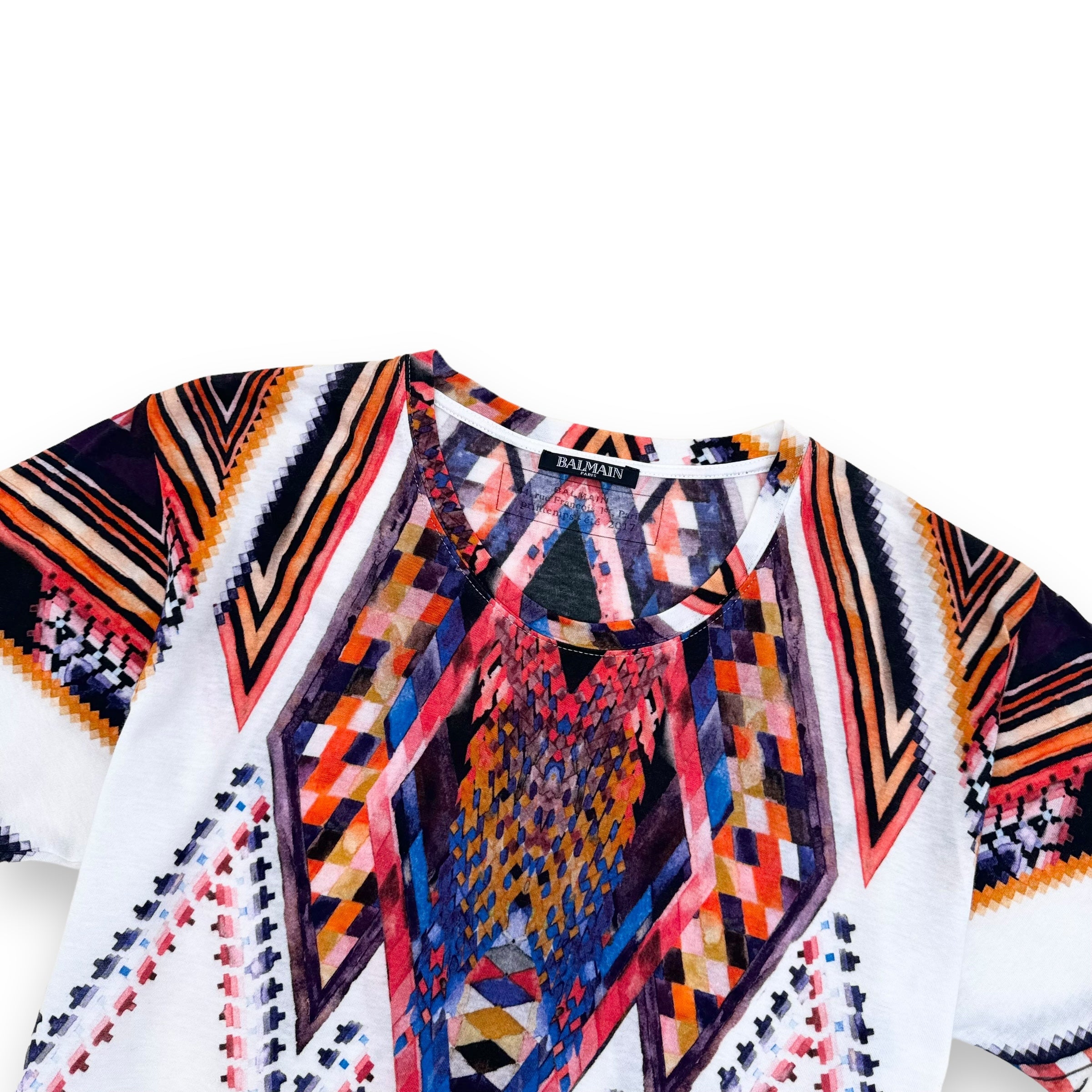 BALMAIN FOLKLORIC PRINT COTTON T-SHIRT WHITE / RED M
