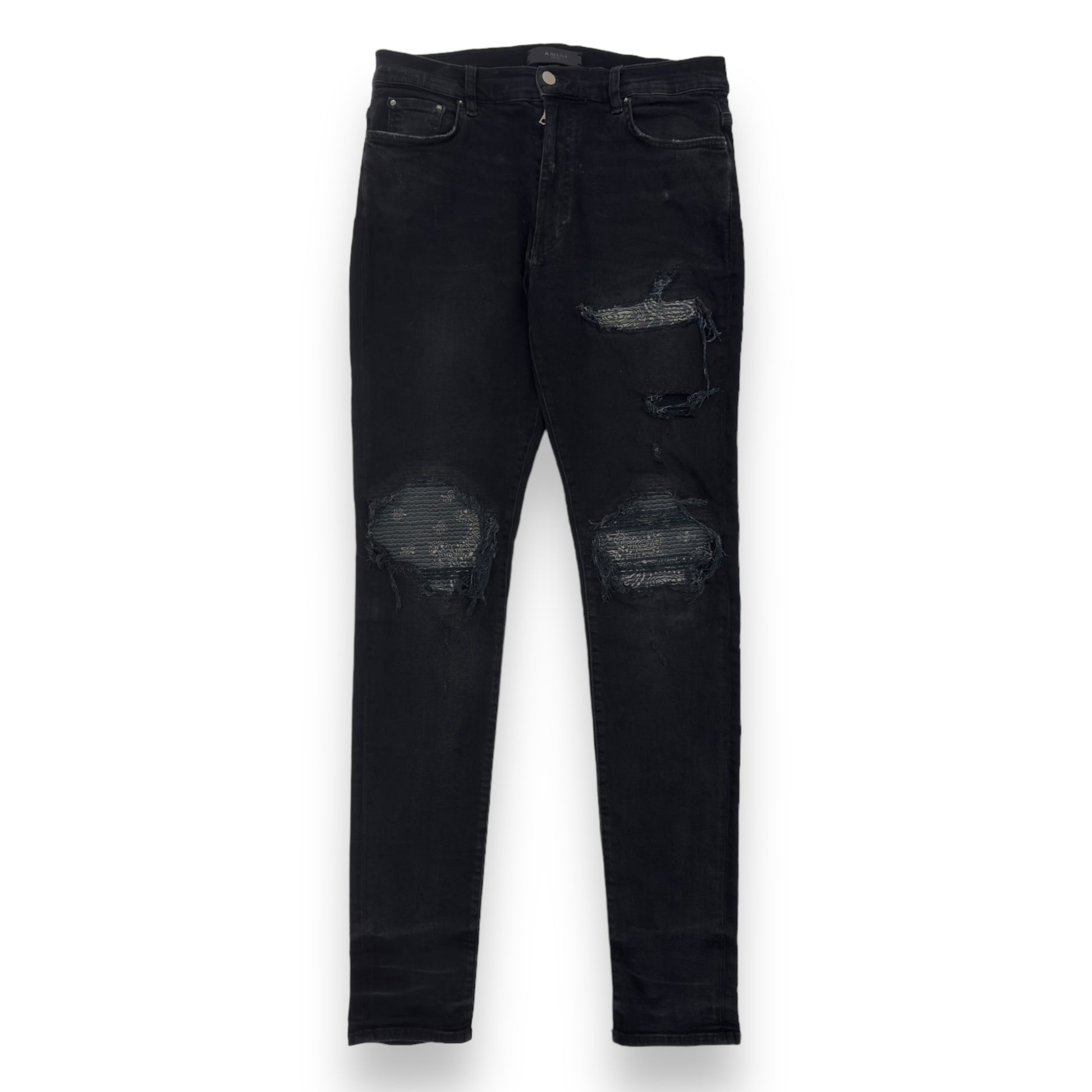 AMIRI MX1 DISTRESSED BANDANA PATCH DENIM JEANS BLACK 34W – Wylist