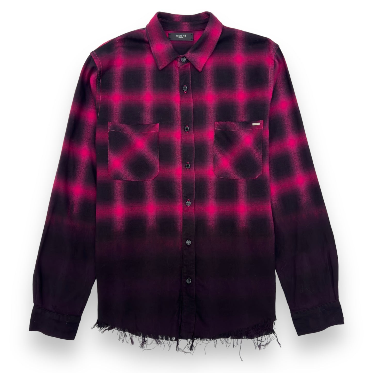 AMIRI DEGRADE DISTRESSED CHECKED FLANNEL SHIRT PINK M