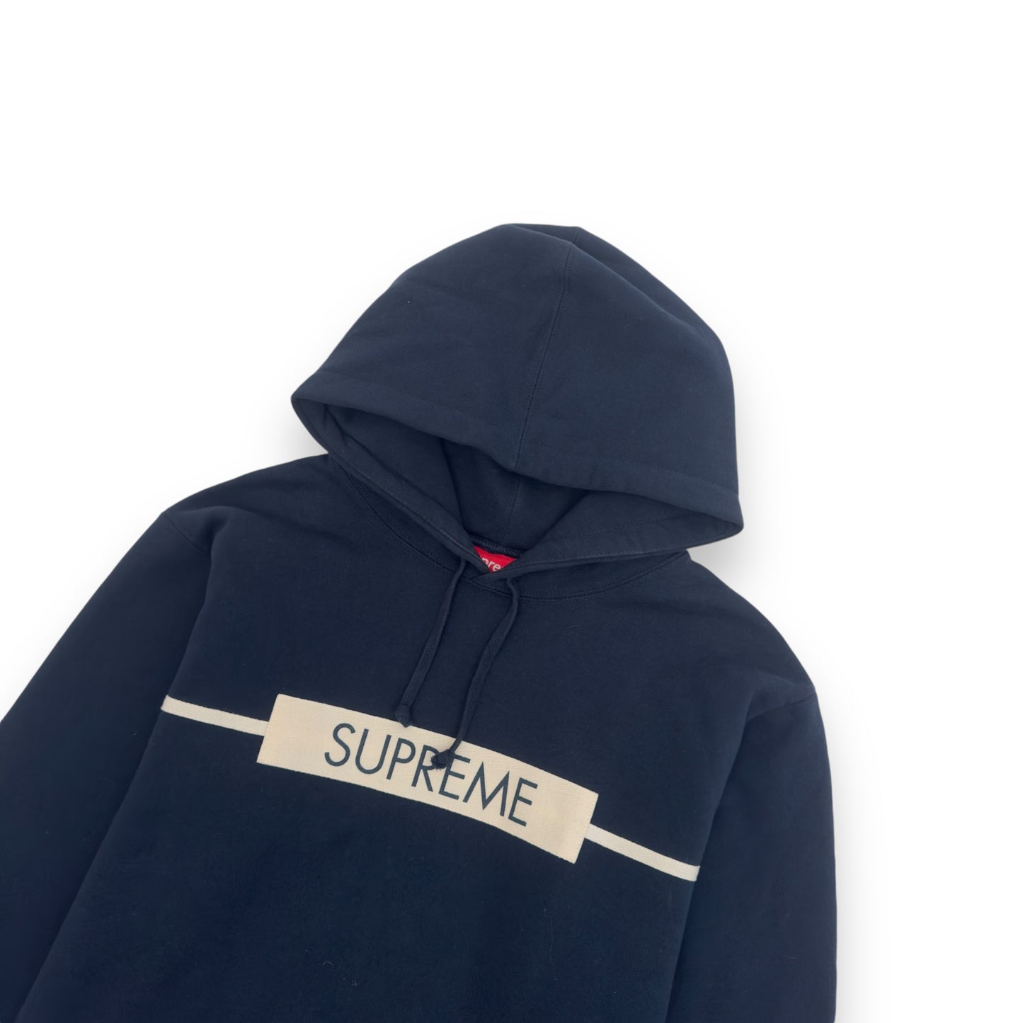 SUPREME CHEST TWILL TAPE HOODIE NAVY / WHITE XL