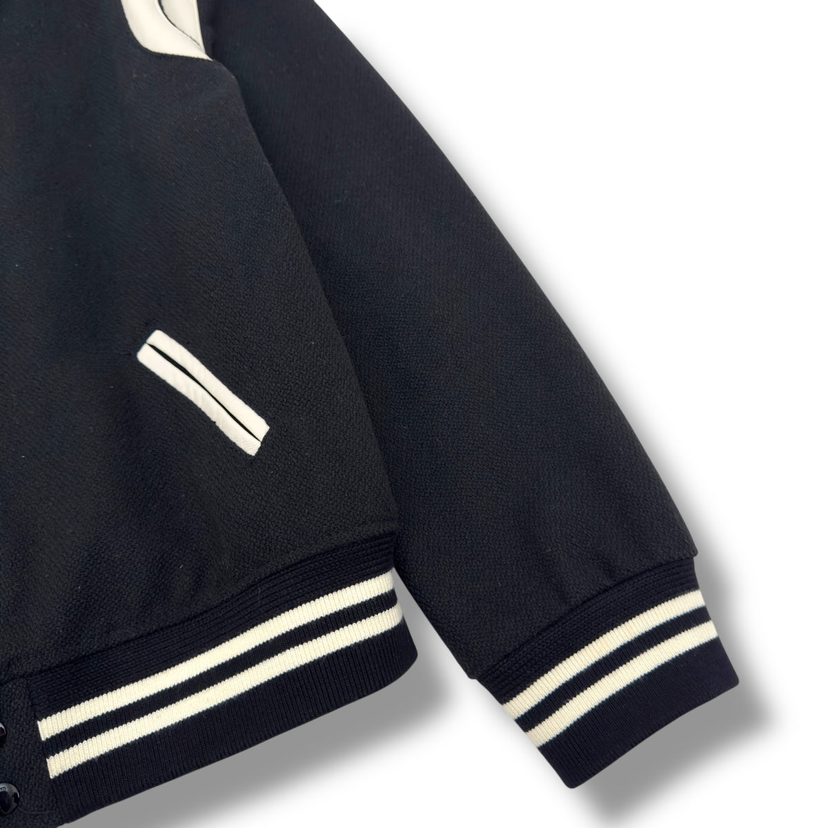 SAINT LAURENT TEDDY LEATHER-TRIMMED WOOL-BLEND BOMBER JACKET BLACK / WHITE 54 / XXL