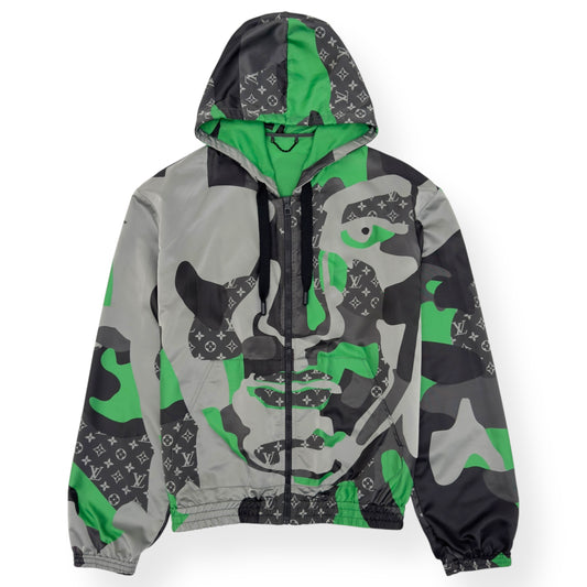 LOUIS VUITTON X KID SUPER FW23 PATCHWORKED PORTRAIT HOODED BLOUSON WINDBREAKER GREEN / SILVER FR54 / XL