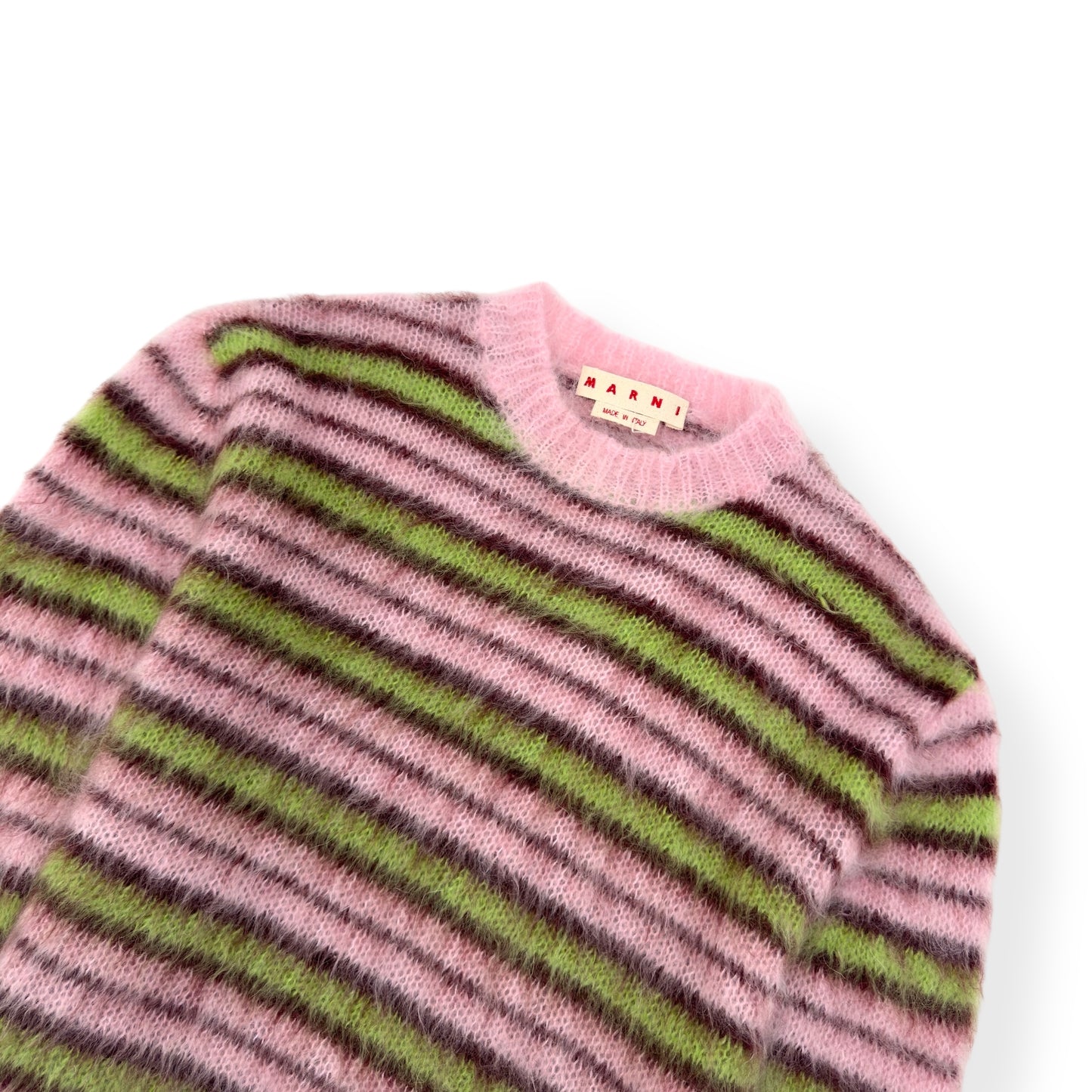 MARNI MOHAIR LONG-SLEEVE CREWNECK STRIPED SWEATER PINK / GREEN 48 / M
