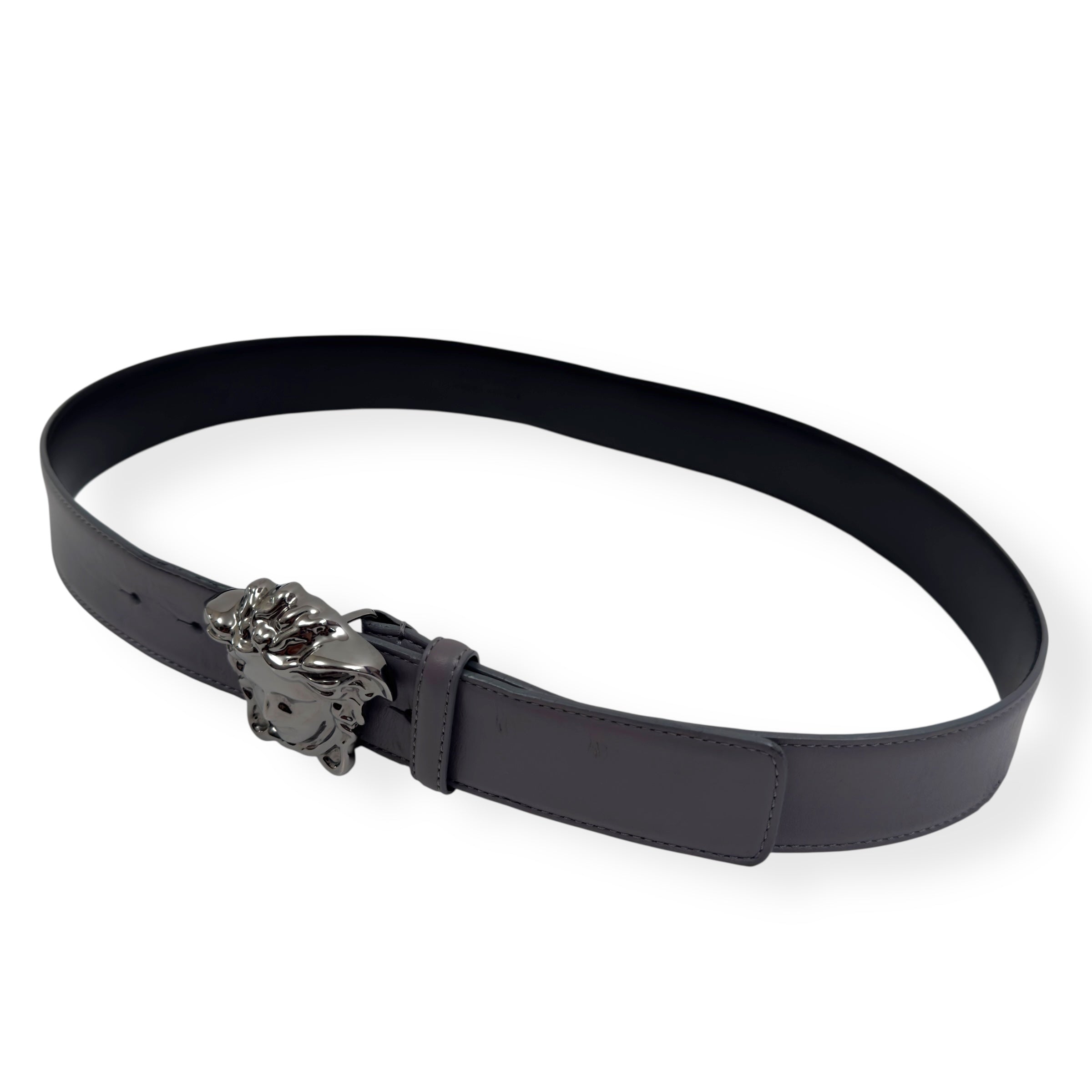 VERSACE MEDUSA HEAD LEATHER BELT GREY / BLACK W34"