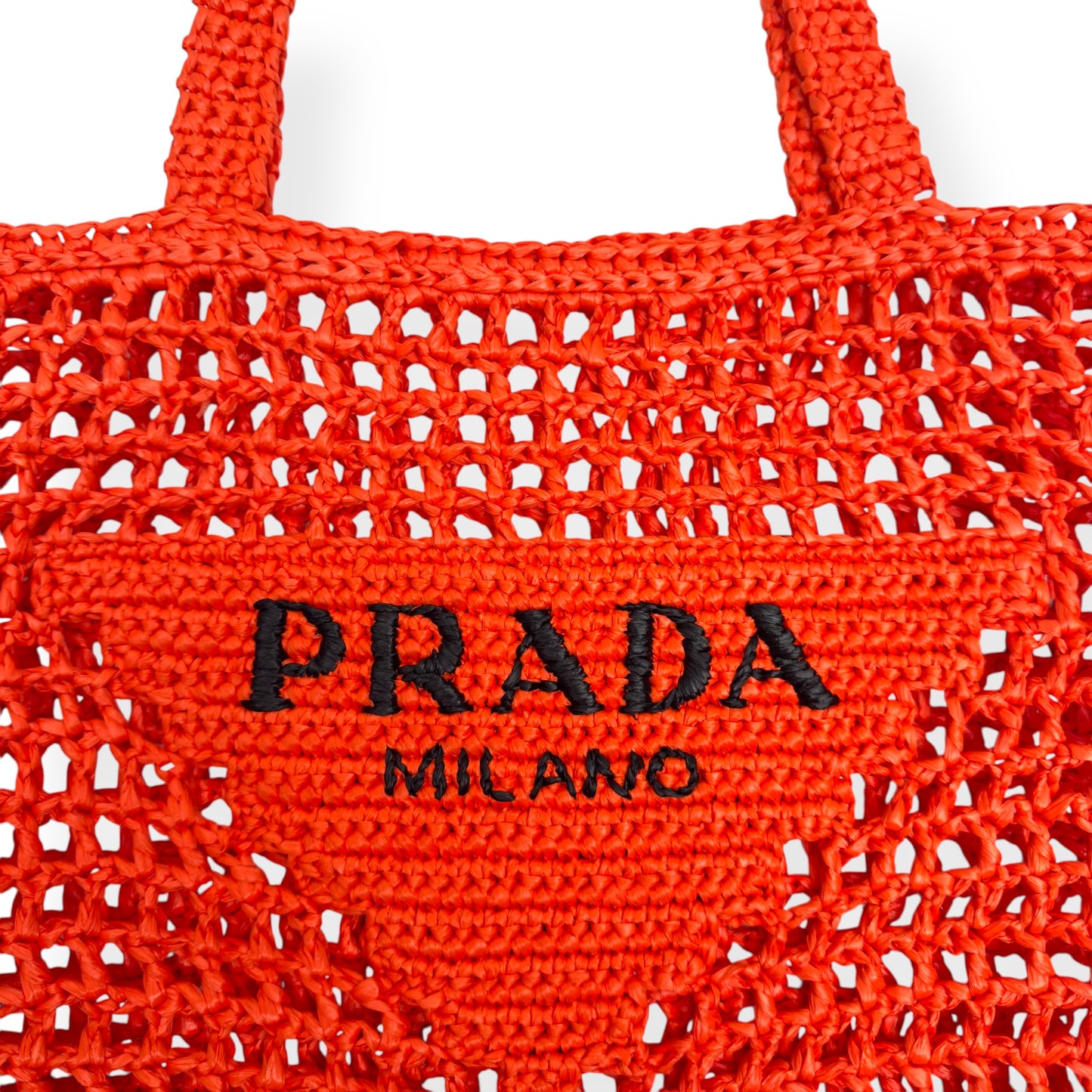 PRADA TRIANGLE-LOGO CROCHET RAFFIA TOTE BAG ORANGE / BLACK