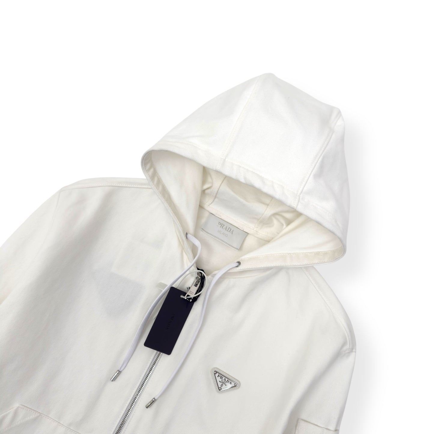 PRADA TRIANGLE LOGO ZIP-UP DENIM HOODIE WHITE M