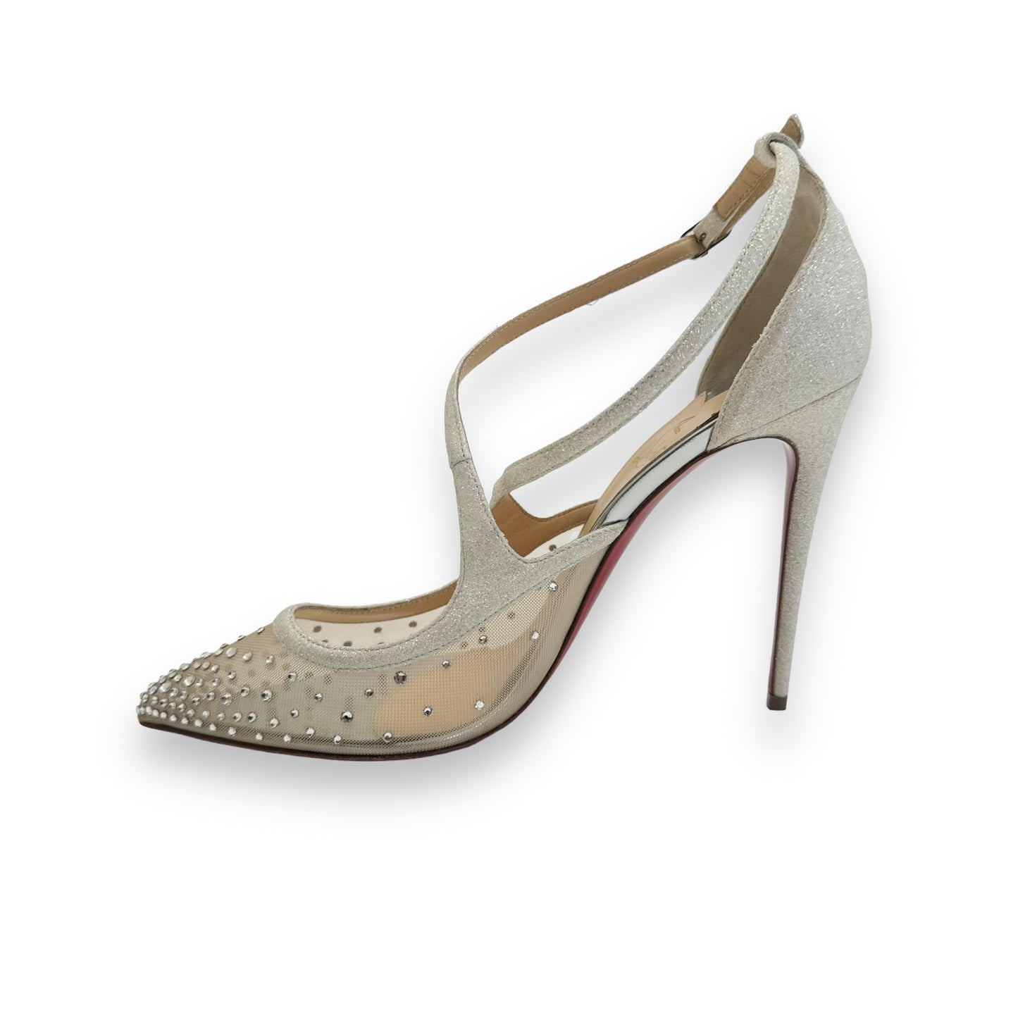 CHRISTIAN LOUBOUTIN TWISTISSIMA STRASS LEATHER / MESH PUMPS SILVER UK8.5