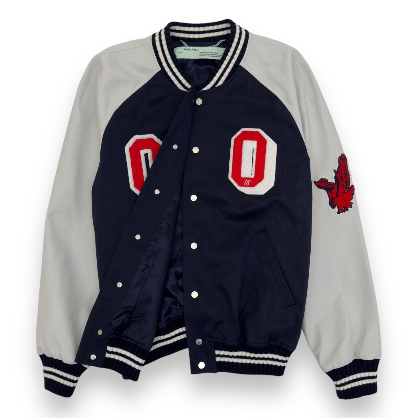 OFF-WHITE PATCH VARSITY LEATHER / COTTON JACKET BLUE / WHITE XL