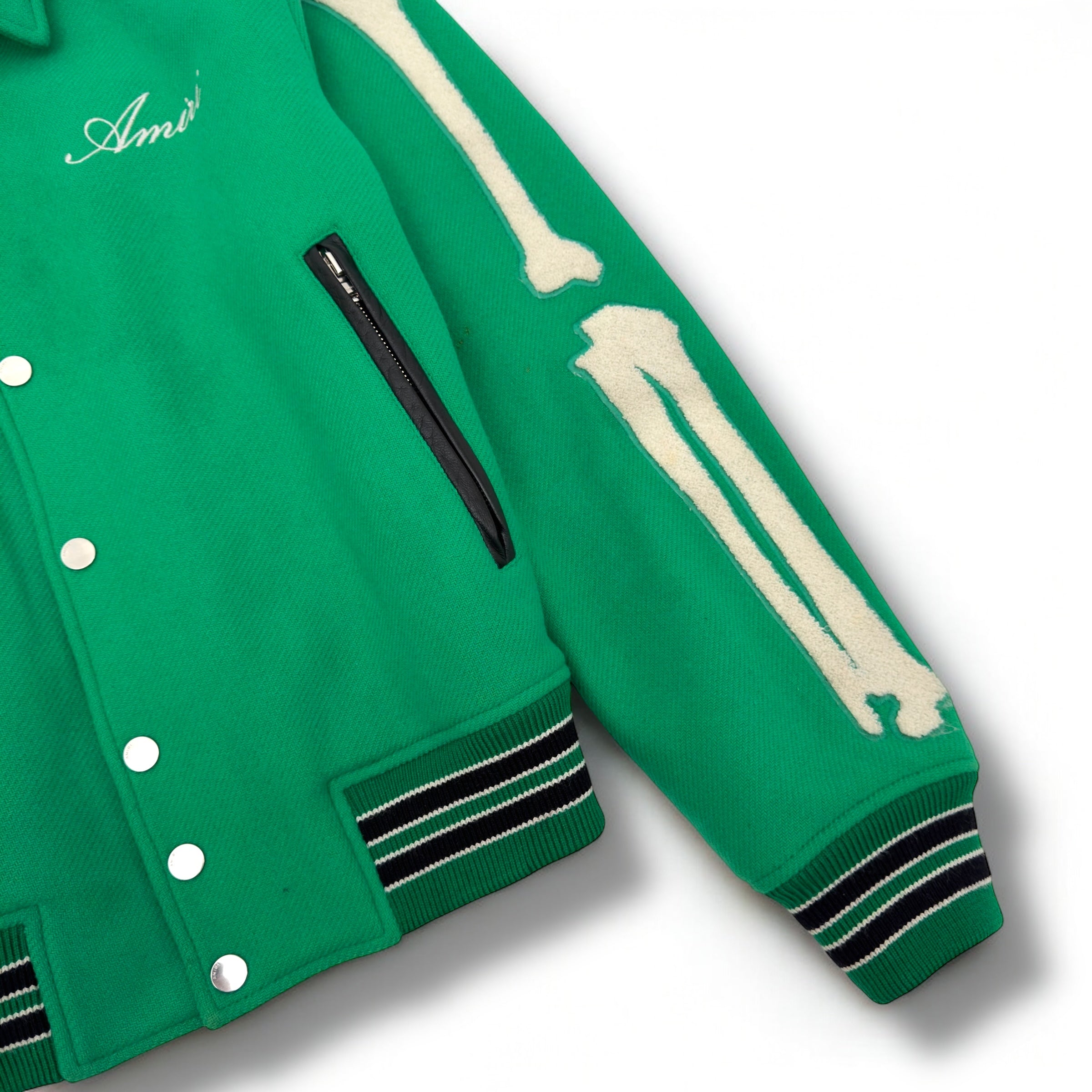 AMIRI LOGO-EMBOIDERED APPLIQUÉD BONE WOOL JACKET GREEN / WHITE 50 / L