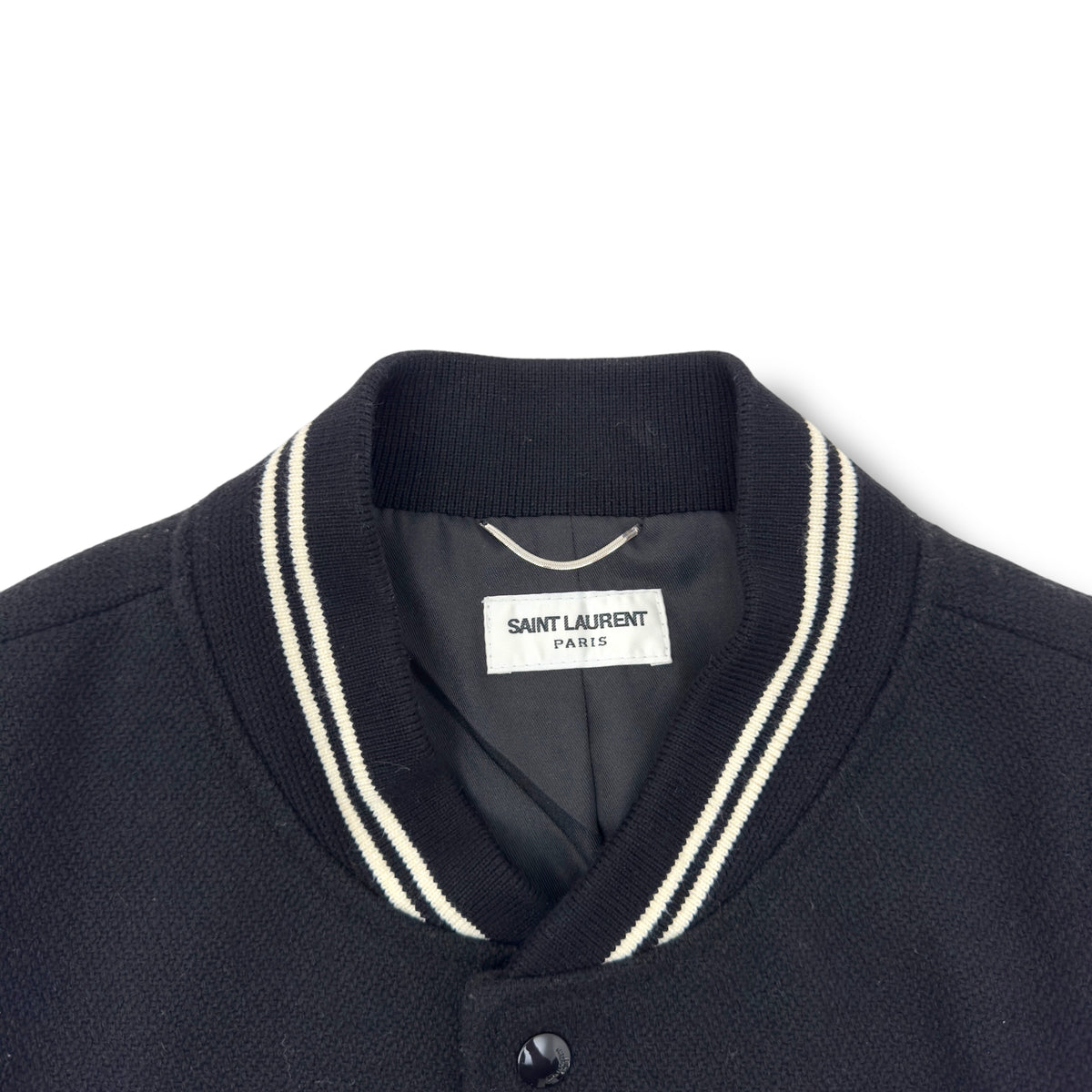 SAINT LAURENT TEDDY LEATHER-TRIMMED WOOL-BLEND BOMBER JACKET BLACK / WHITE 54 / XXL