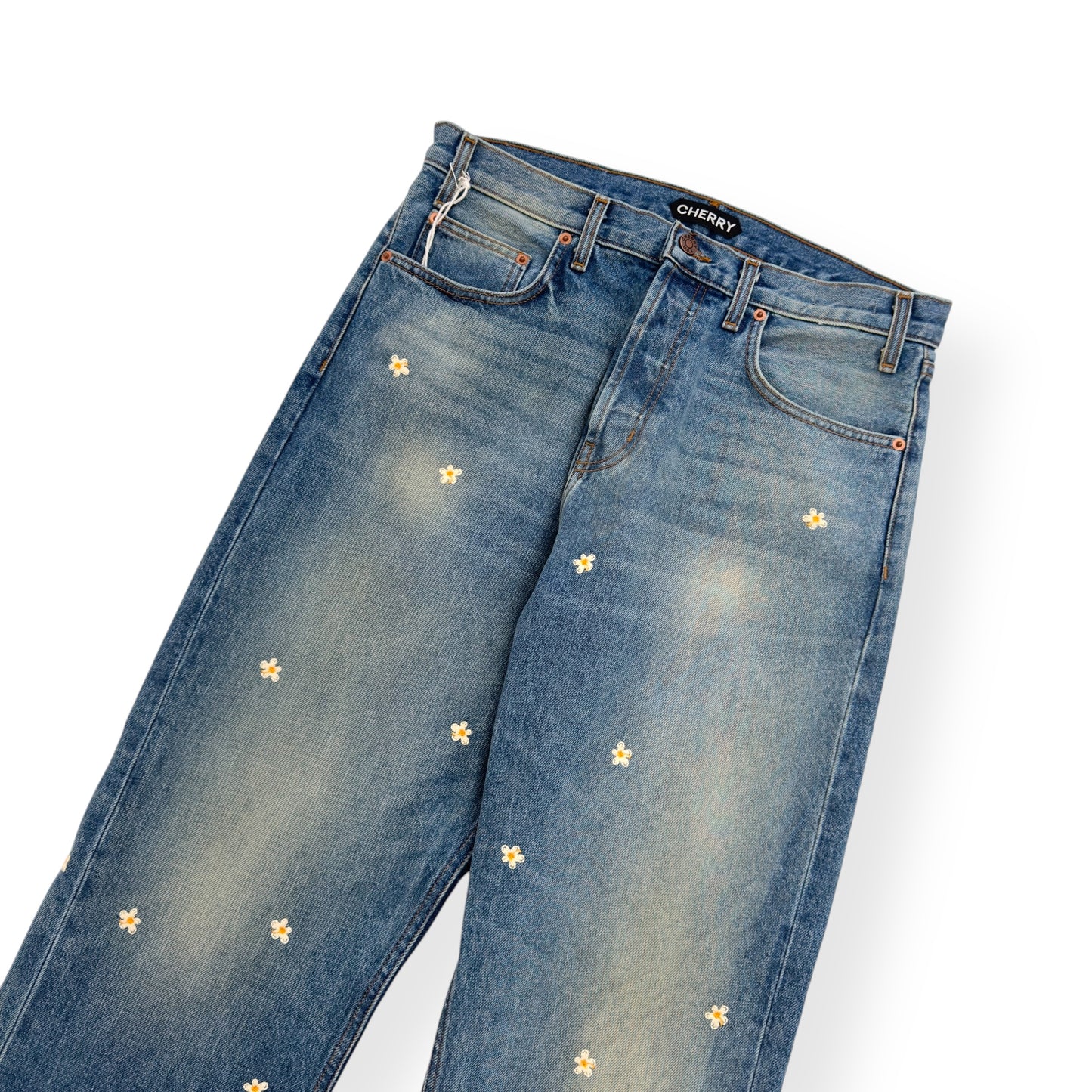 CHERRY LA BLOSSOM STRAIGHT-LEG EMBROIDERED JEANS BLUE W32”