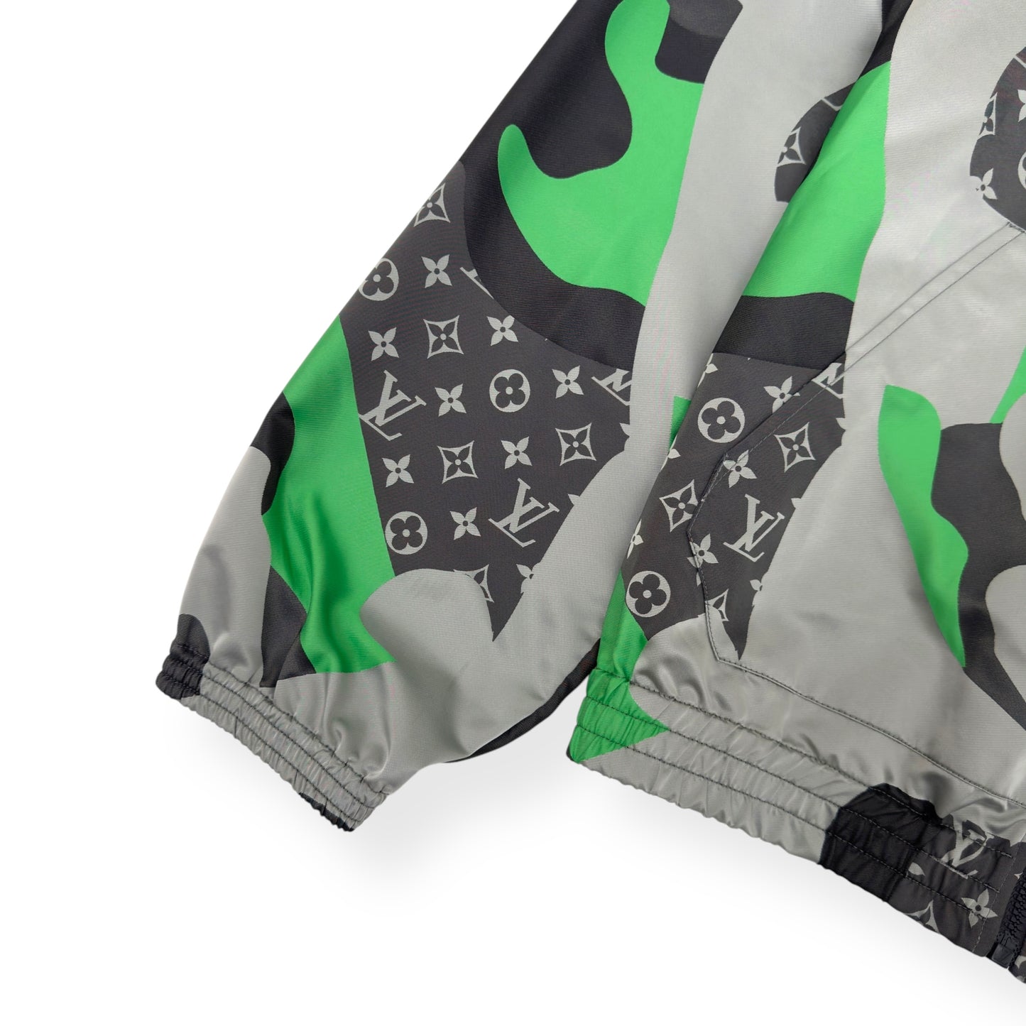 LOUIS VUITTON X KID SUPER FW23 PATCHWORKED PORTRAIT HOODED BLOUSON WINDBREAKER GREEN / SILVER FR54 / XL