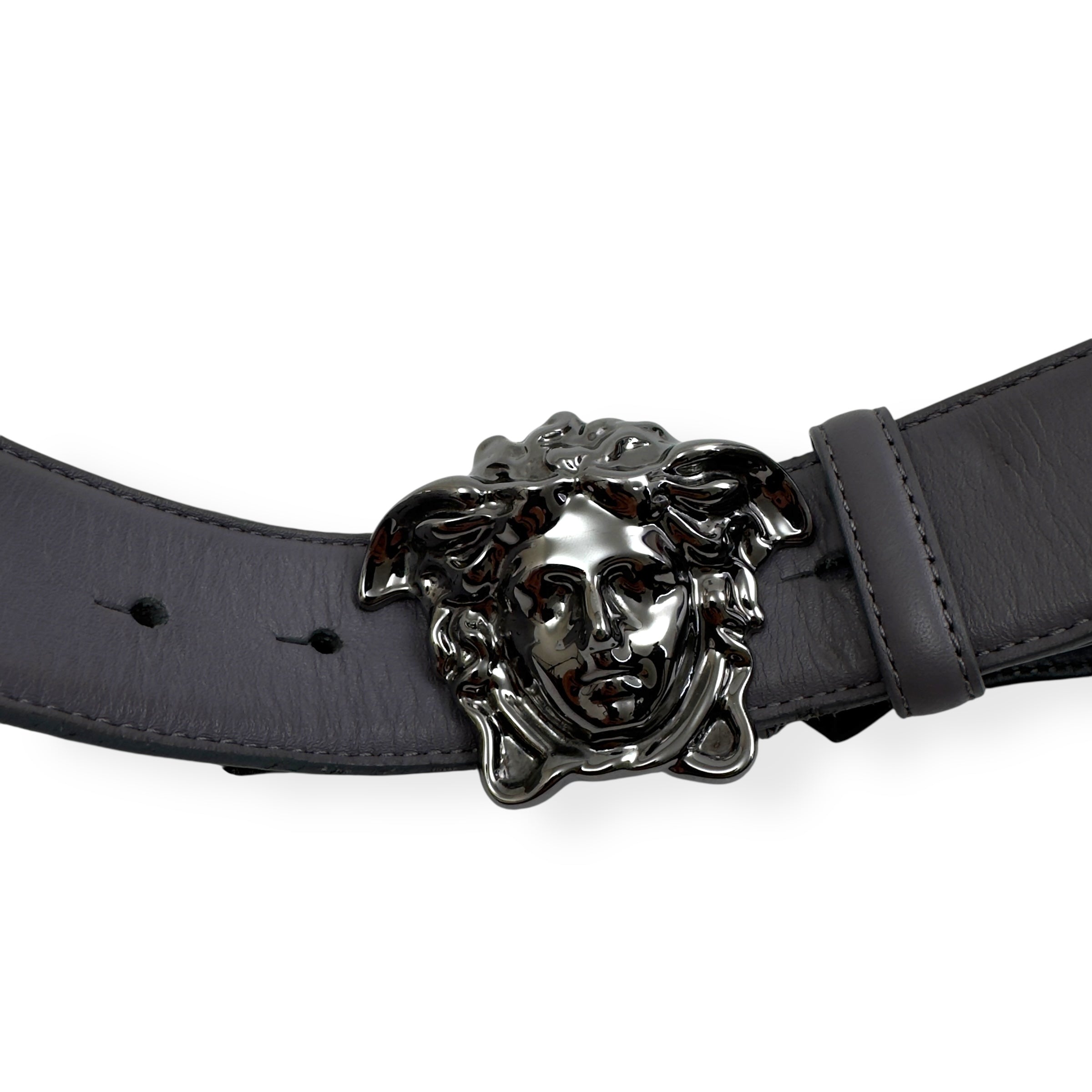 VERSACE MEDUSA HEAD LEATHER BELT GREY / BLACK W34"