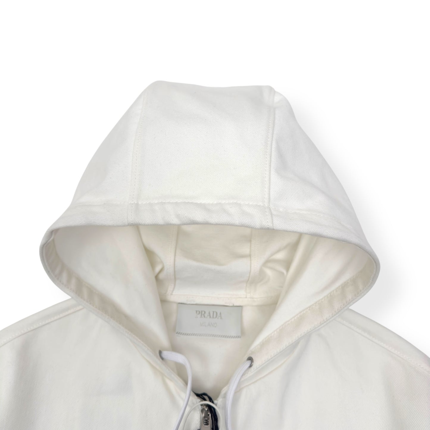 PRADA TRIANGLE LOGO ZIP-UP DENIM HOODIE WHITE M