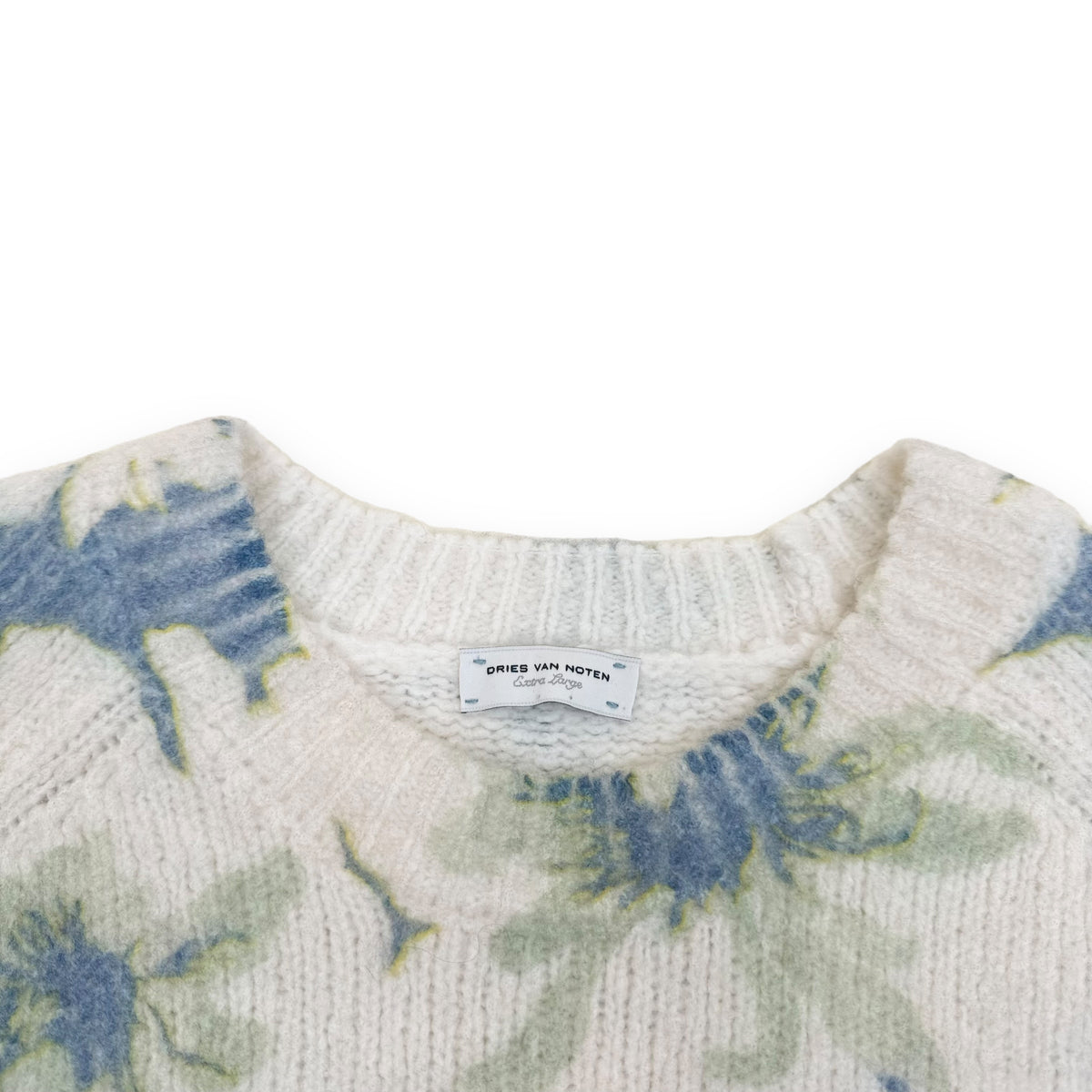 DRIES VAN NOTEN CREWNECK FLORAL CASHMERE-BLEND SWEATSHIRT BLUE XL