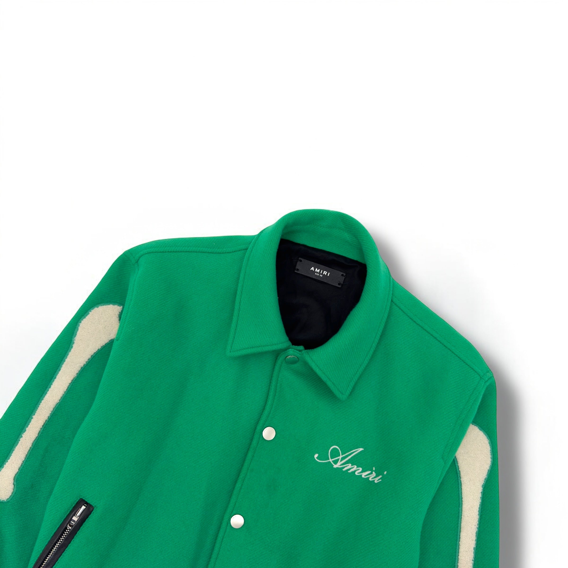 AMIRI LOGO-EMBOIDERED APPLIQUÉD BONE WOOL JACKET GREEN / WHITE 50 / L
