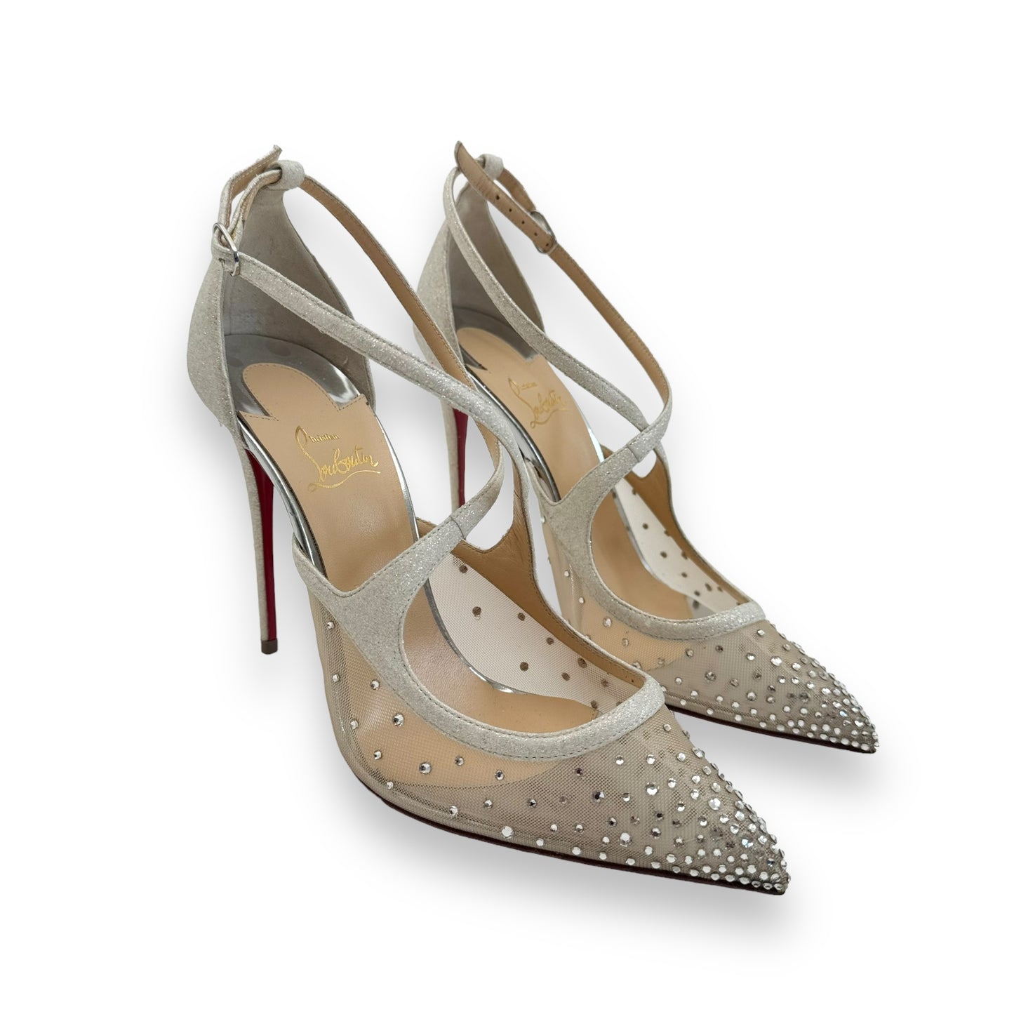 CHRISTIAN LOUBOUTIN TWISTISSIMA STRASS LEATHER / MESH PUMPS SILVER UK8.5