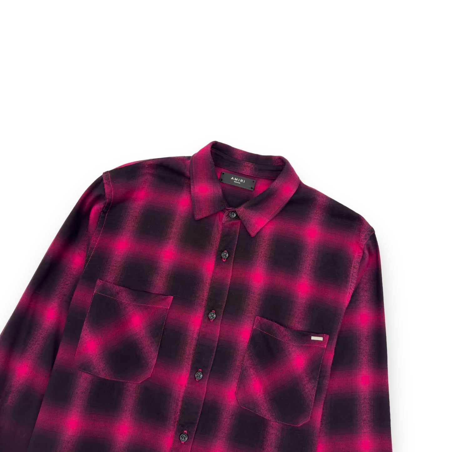 AMIRI DEGRADE DISTRESSED CHECKED FLANNEL SHIRT PINK M