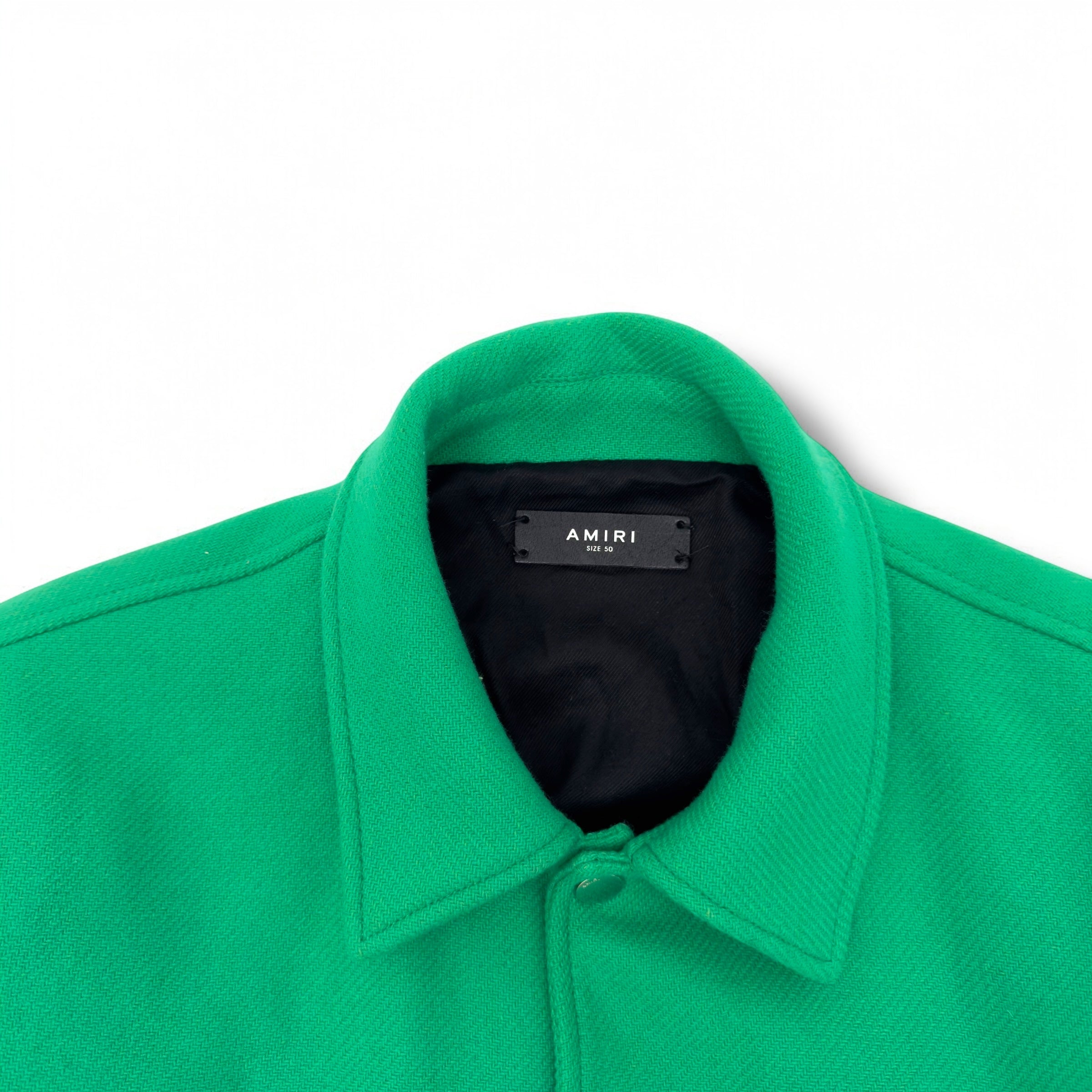 AMIRI LOGO-EMBOIDERED APPLIQUÉD BONE WOOL JACKET GREEN / WHITE 50 / L