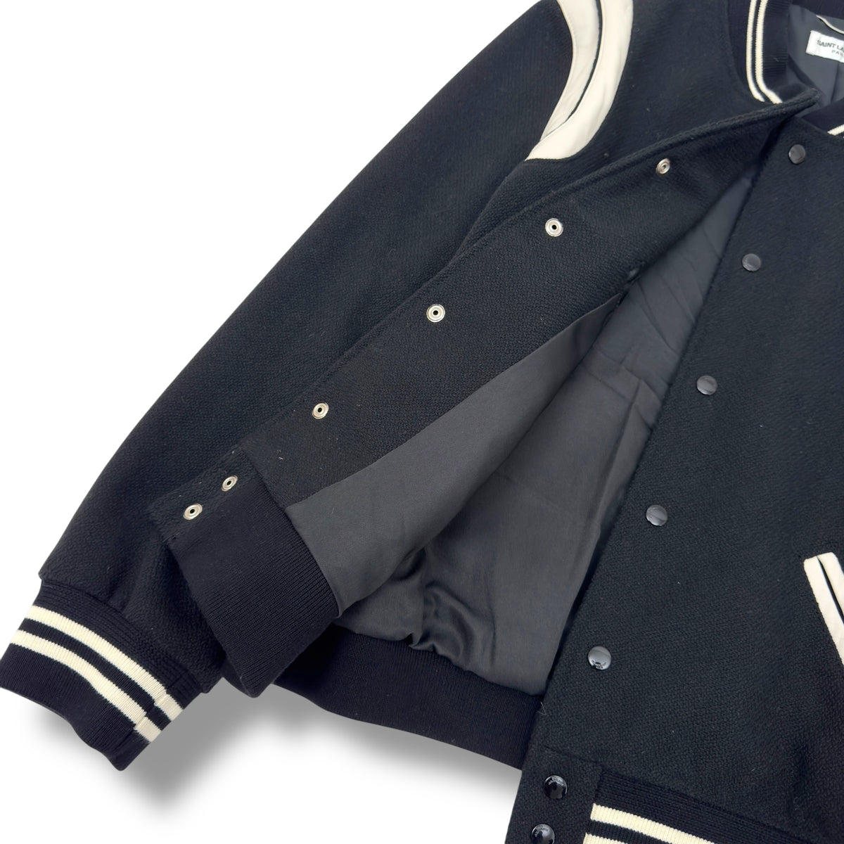 SAINT LAURENT TEDDY LEATHER-TRIMMED WOOL-BLEND BOMBER JACKET BLACK / WHITE 54 / XXL