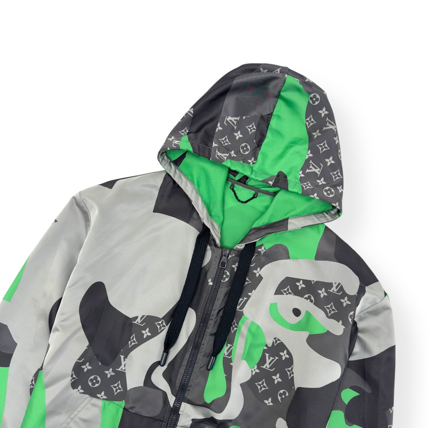 LOUIS VUITTON X KID SUPER FW23 PATCHWORKED PORTRAIT HOODED BLOUSON WINDBREAKER GREEN / SILVER FR54 / XL