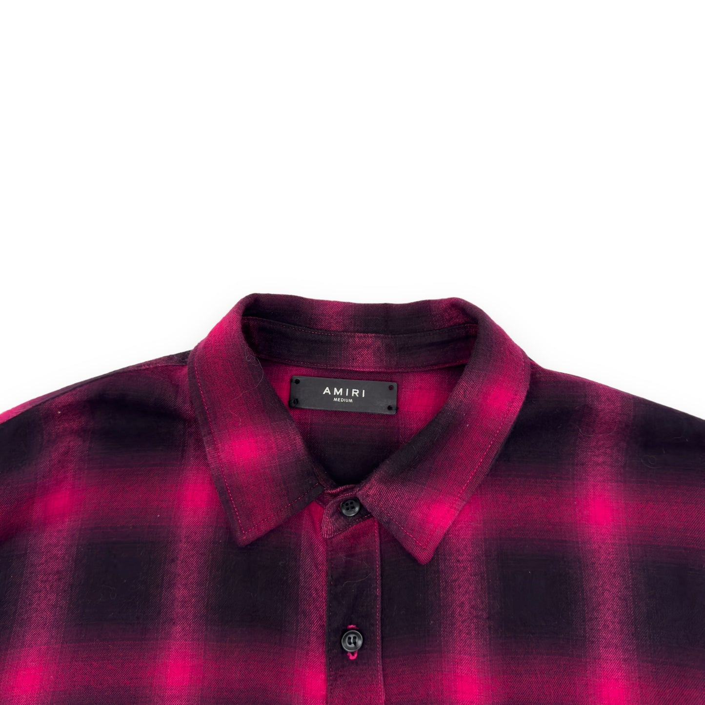 AMIRI DEGRADE DISTRESSED CHECKED FLANNEL SHIRT PINK M